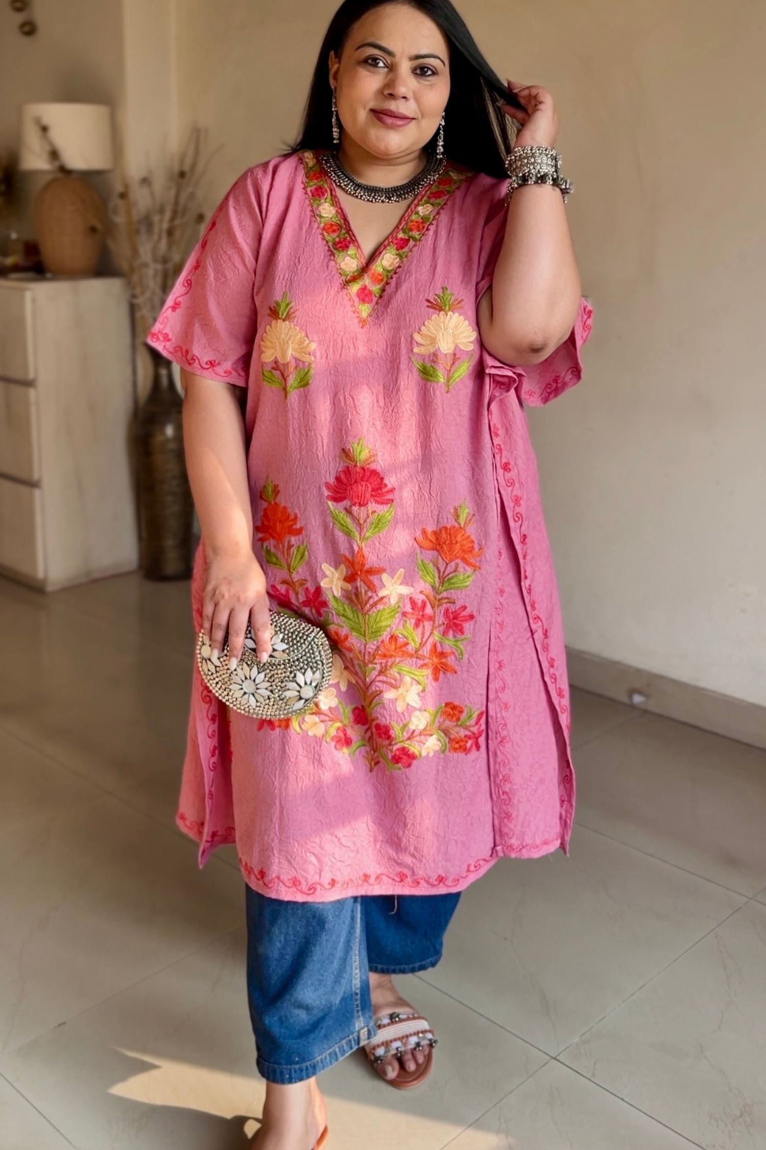 Vigya Walia In Pretty Peach Kashmiri Summer Short Cotton Kaftan