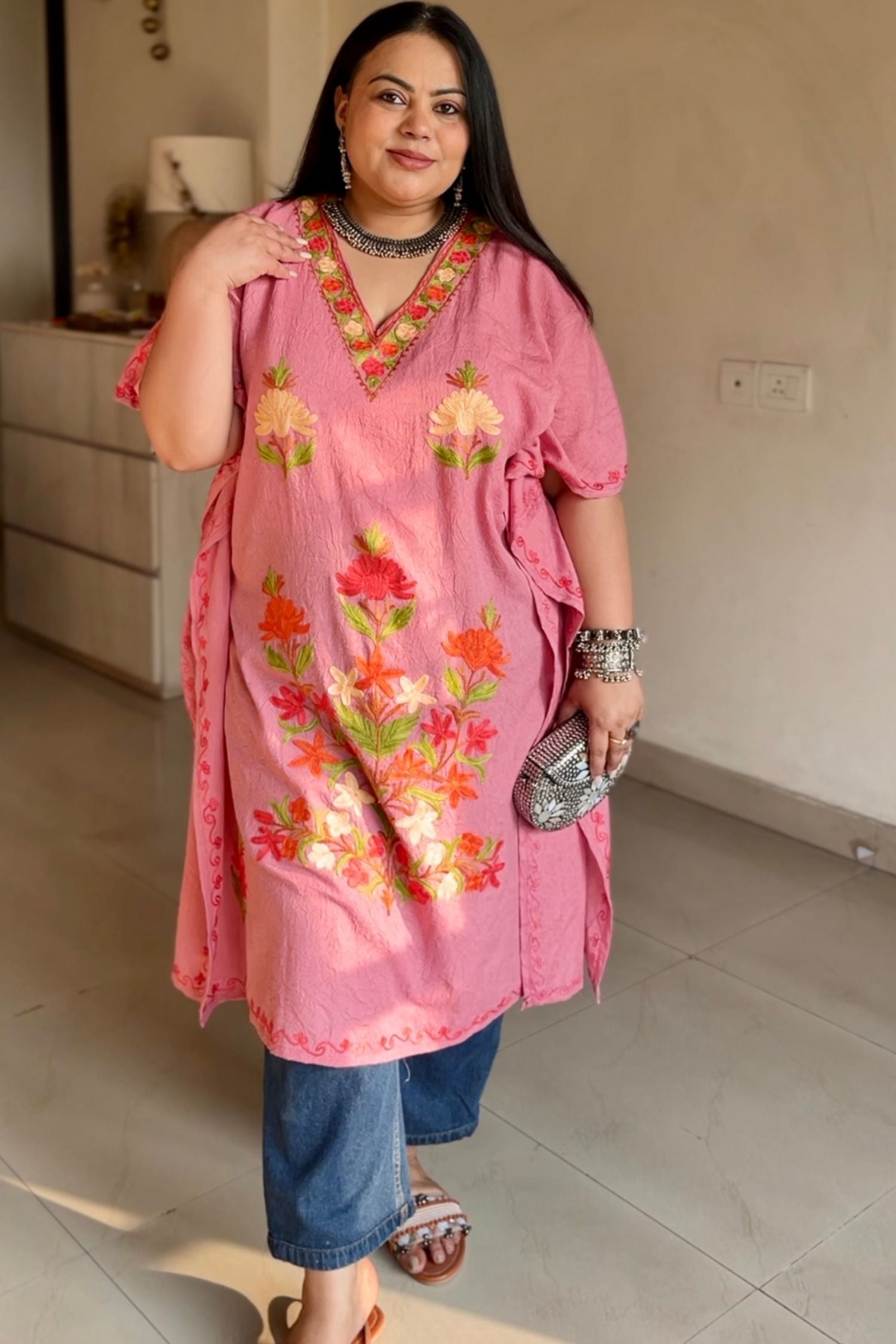 Vigya Walia In Pretty Peach Kashmiri Summer Short Cotton Kaftan