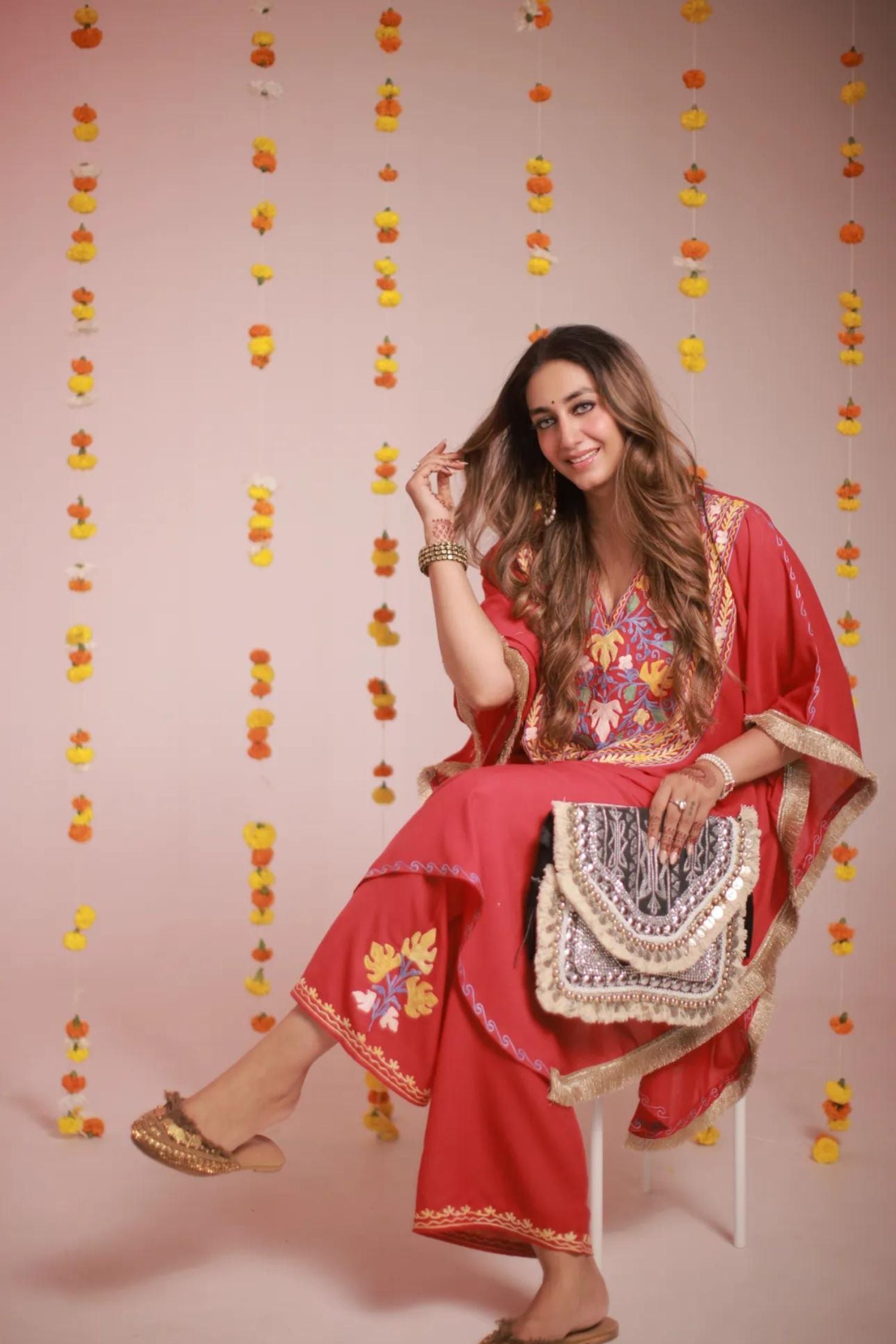 Shiana Kothari In Myra Red Kashmiri Cotton Kaftan Coord Set
