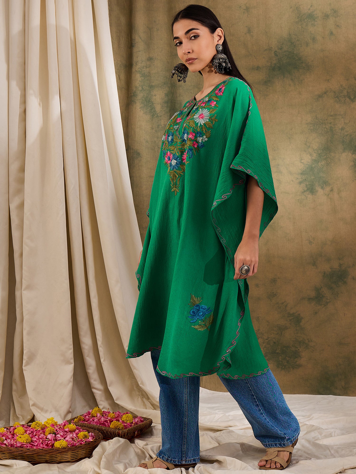 Basil_Green_Kashmiri_Embroidered_Short_Cotton_Kaftan_shop_Namastay