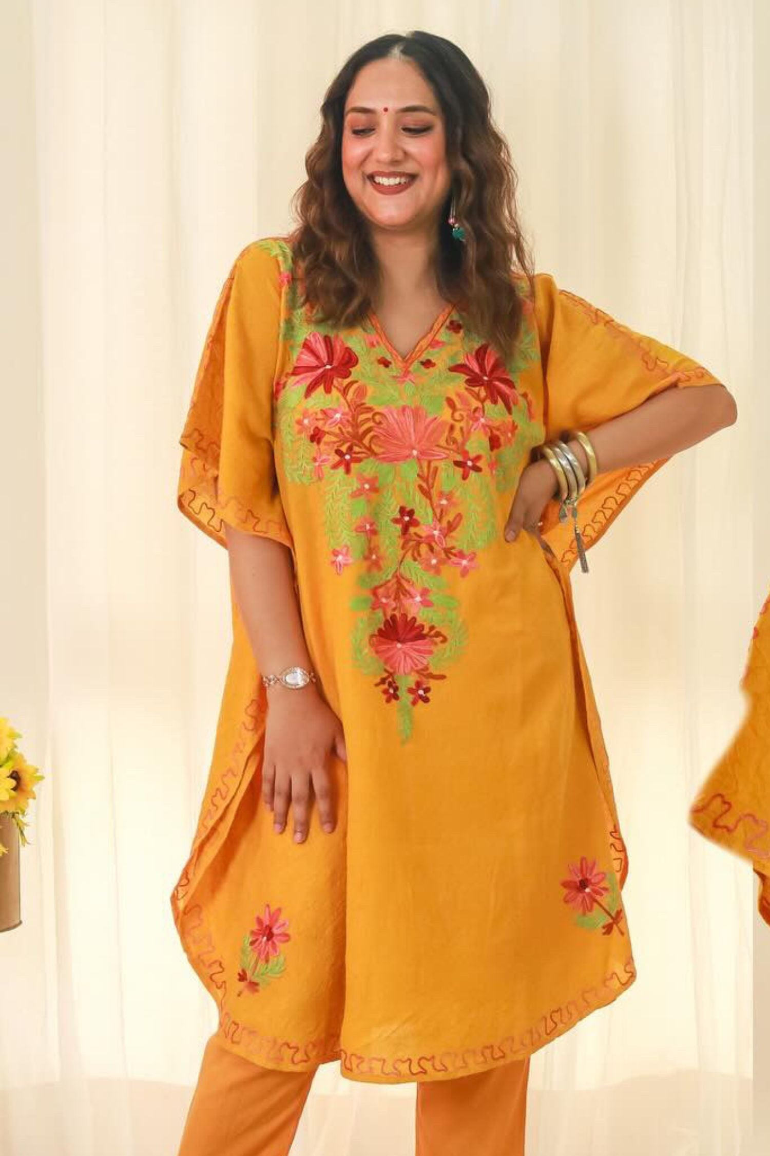 Megha Bahuguna In Mustard Yellow Kashmiri Embroidered Short Cotton Kaftan