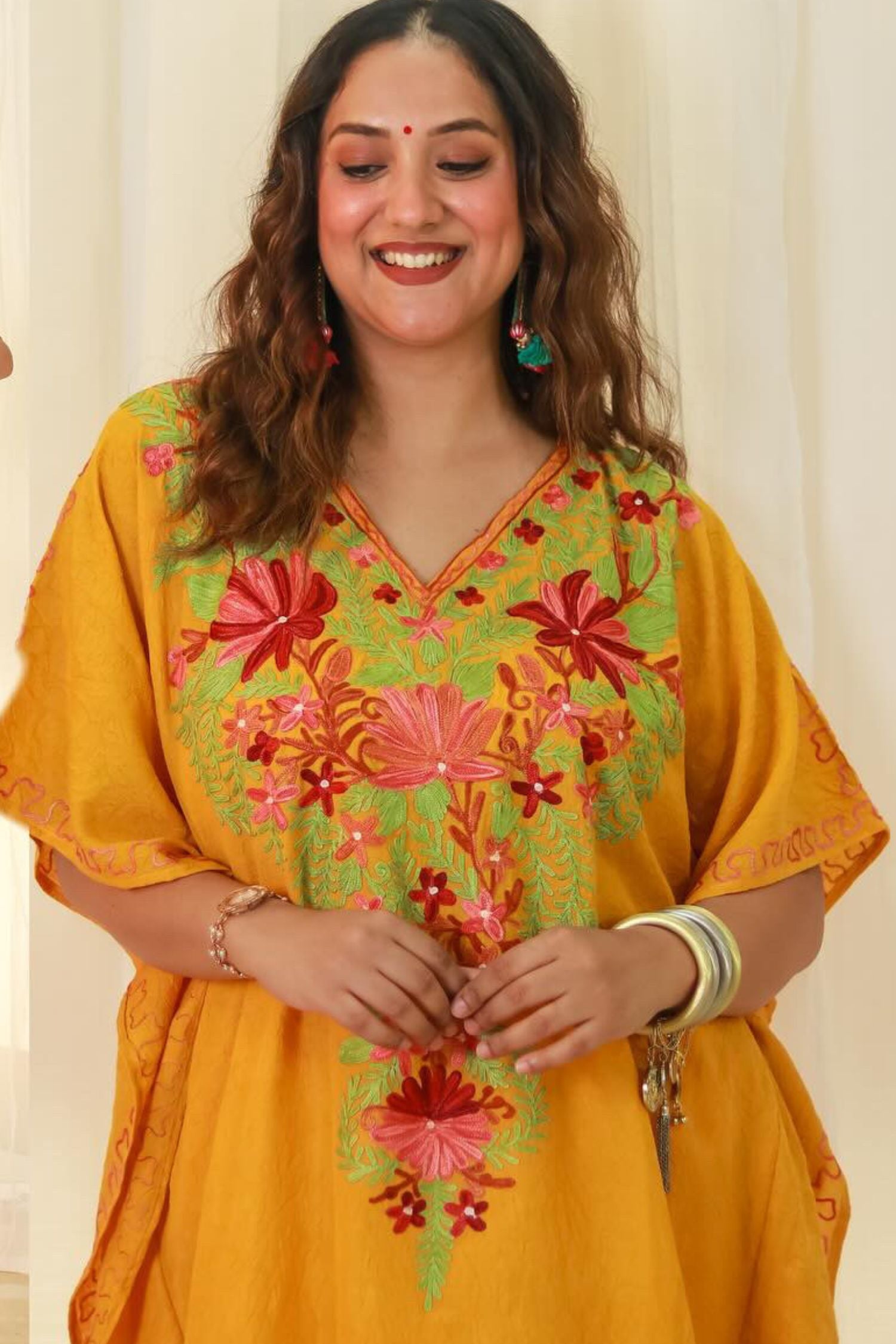 Megha Bahuguna In Mustard Yellow Kashmiri Embroidered Short Cotton Kaftan
