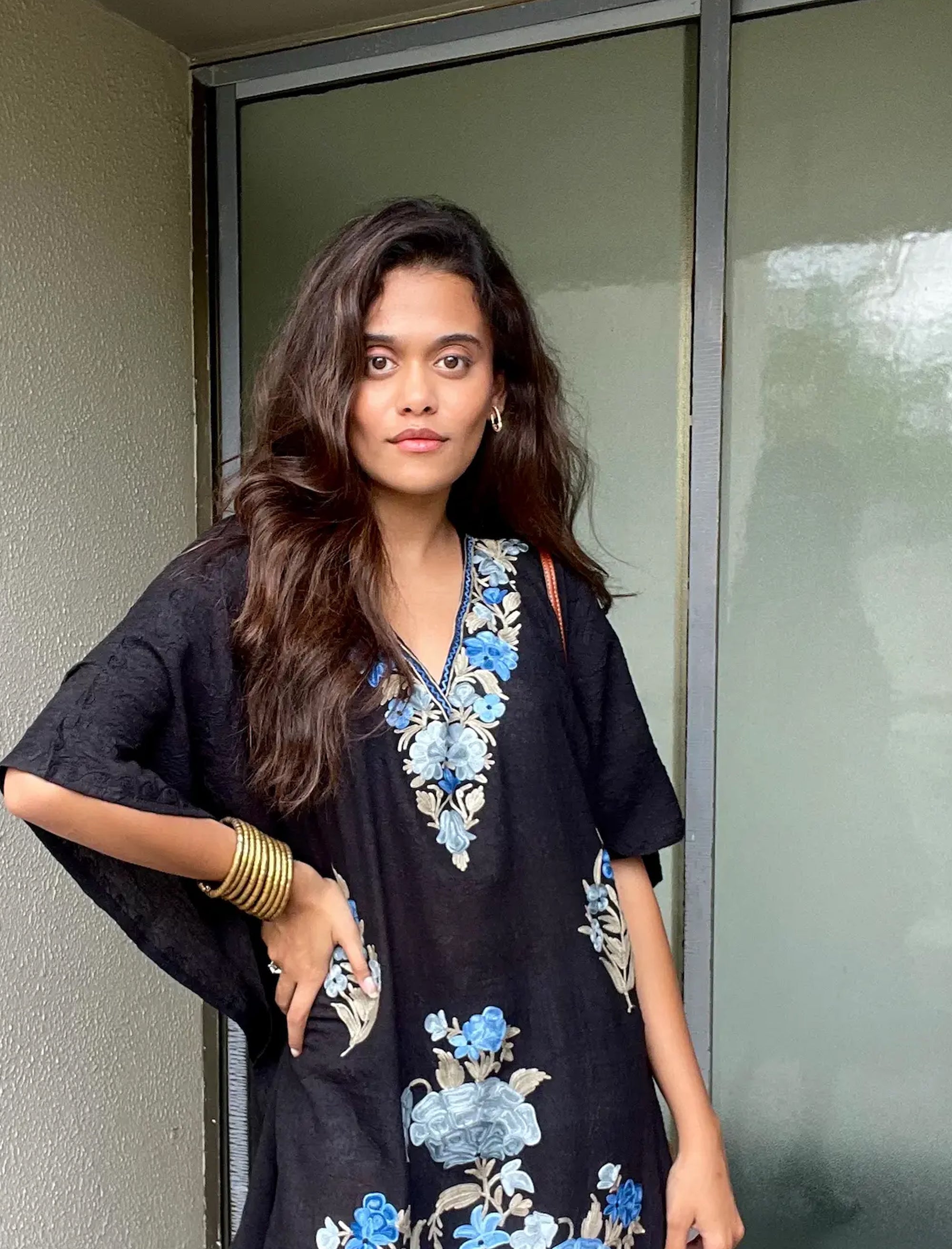 Charcoal Black Kashmiri Summer Short Cotton Kaftan