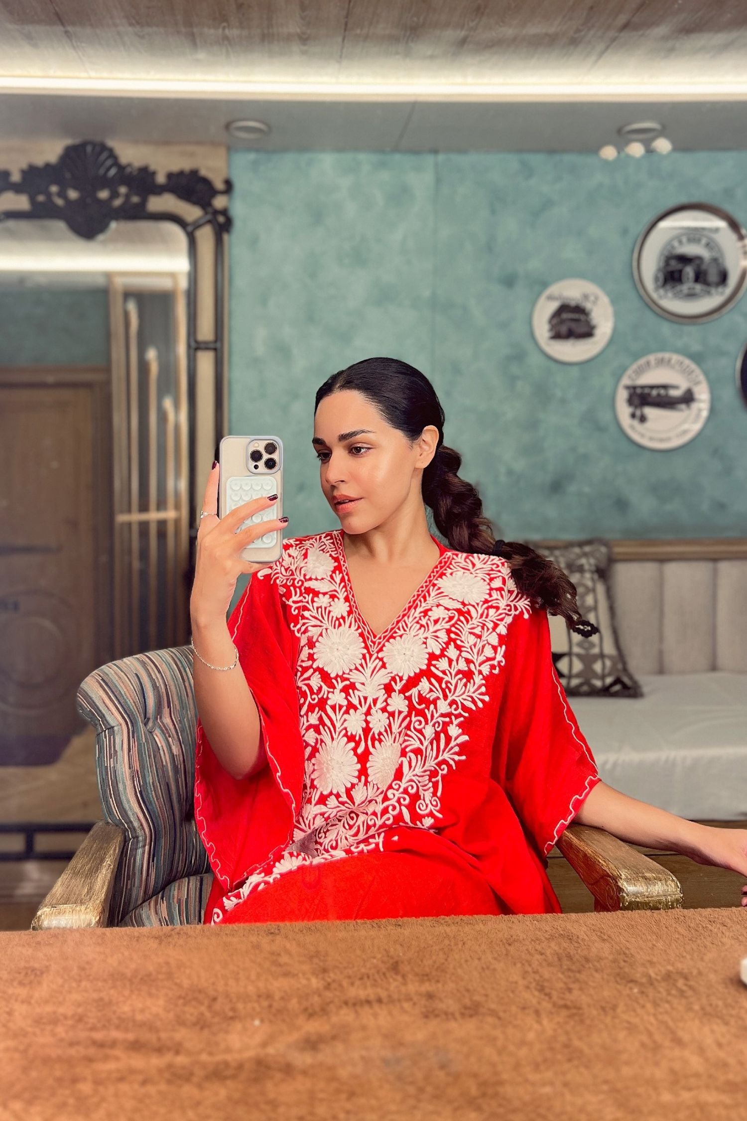 Naila Grewal In Crimson Red Kashmiri Summer Kaftan
