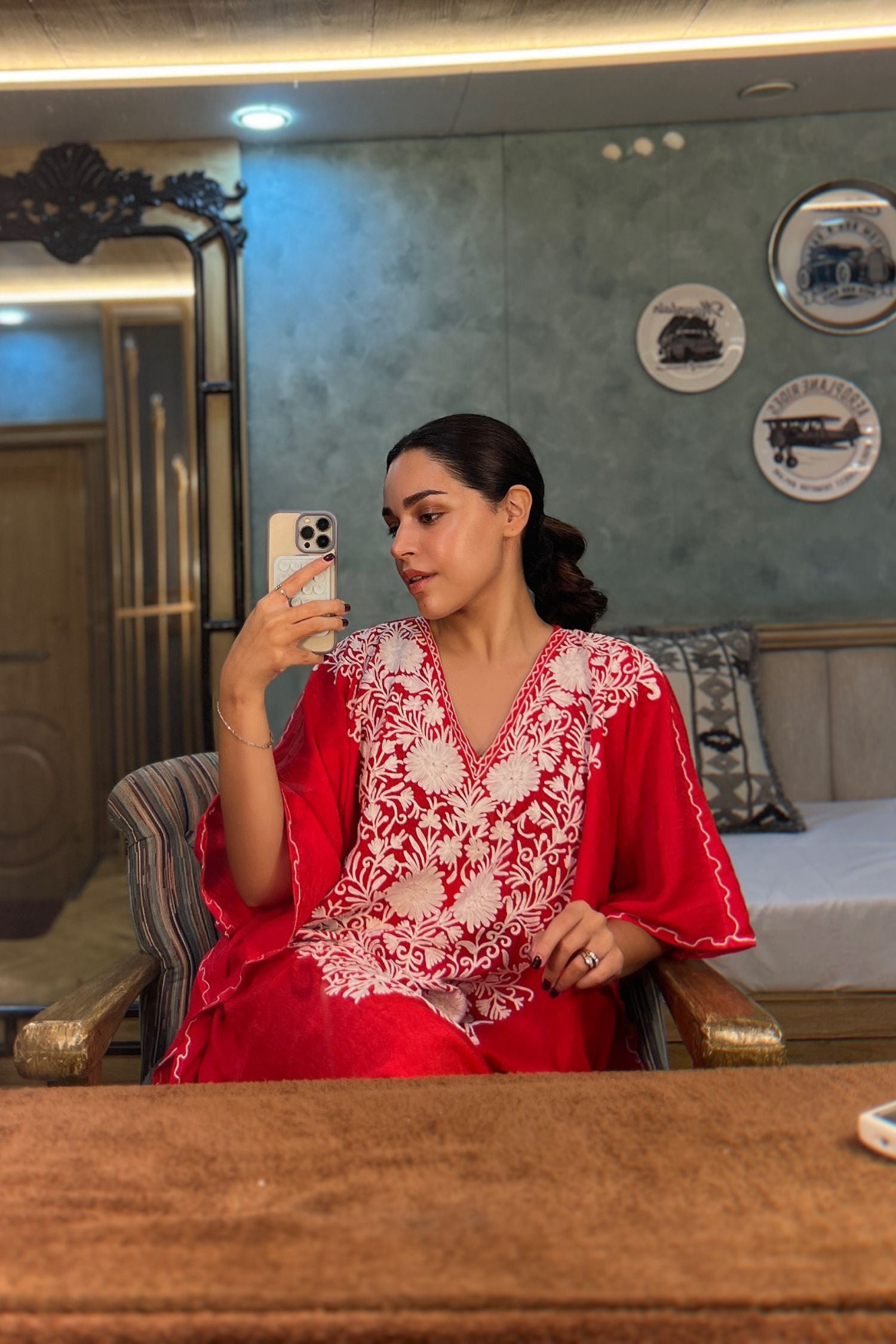 Naila Grewal In Crimson Red Kashmiri Summer Kaftan