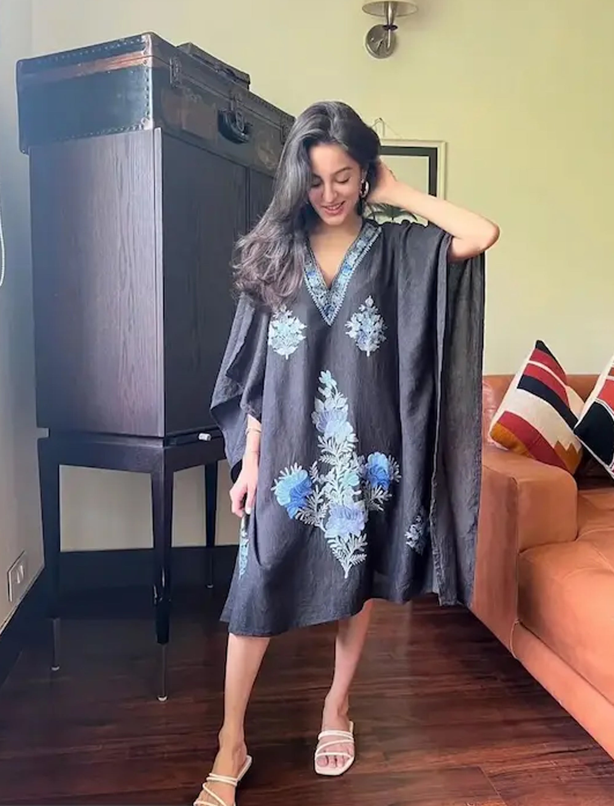 Charcoal Black Kashmiri Summer Short Cotton Kaftan