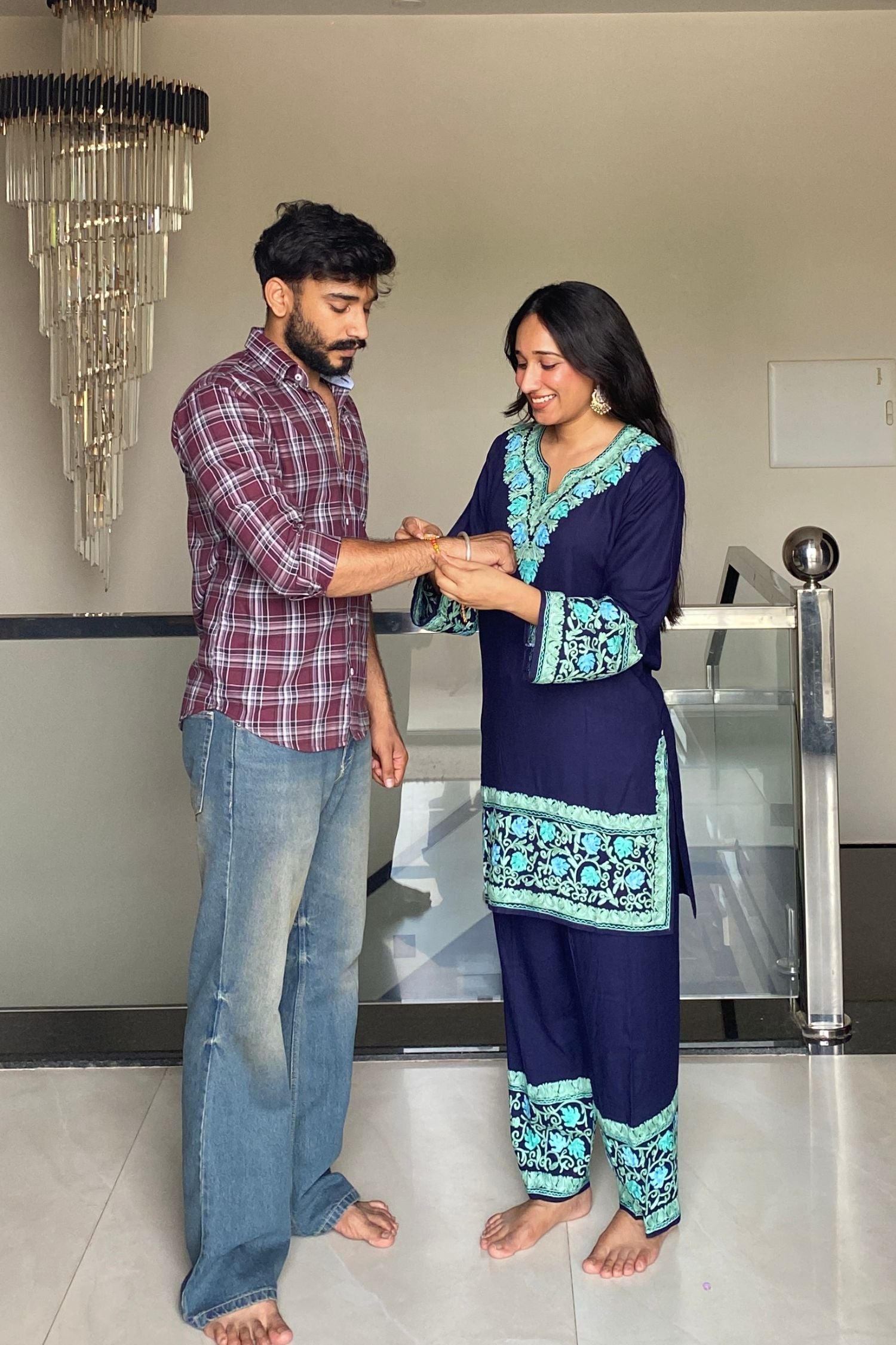 Roshni Saini In Rabia Deep Blue Rayon Kashmiri Kurta and Pants Set