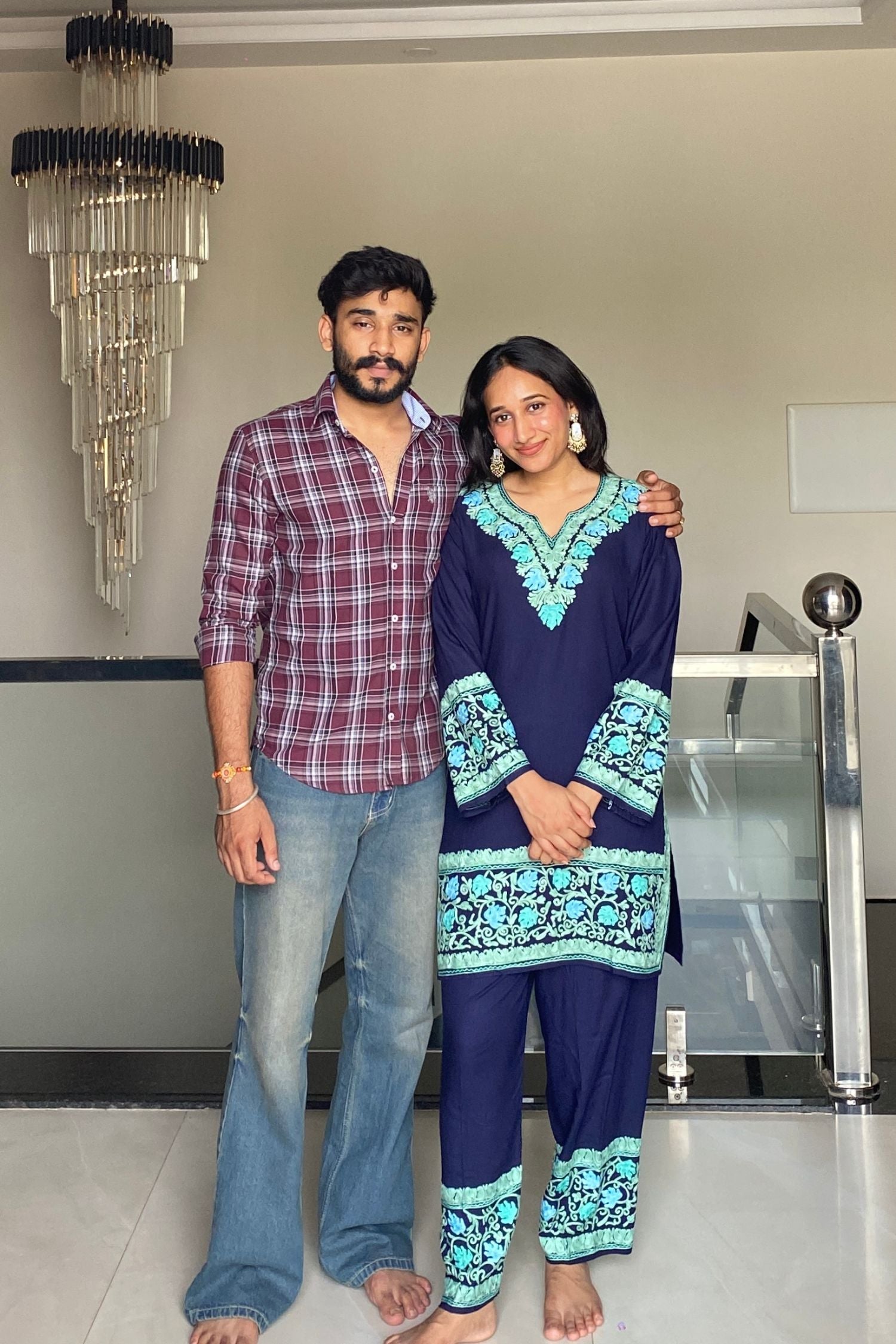 Roshni Saini In Rabia Deep Blue Rayon Kashmiri Kurta and Pants Set