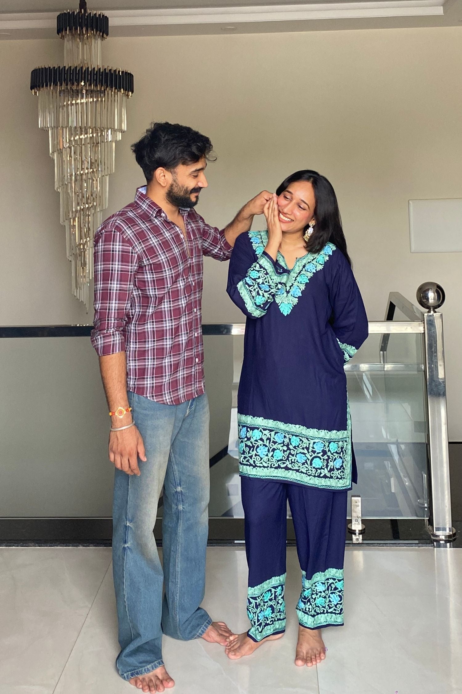 Roshni Saini In Rabia Deep Blue Rayon Kashmiri Kurta and Pants Set