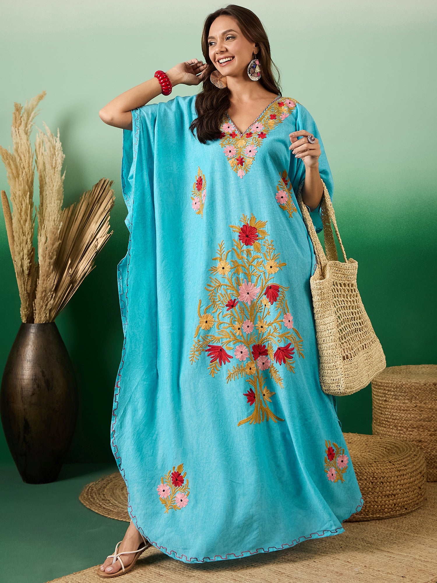 Firozi_Kashmiri_Aari_Summer_Long_Cotton_Kaftan_shop_Namastay