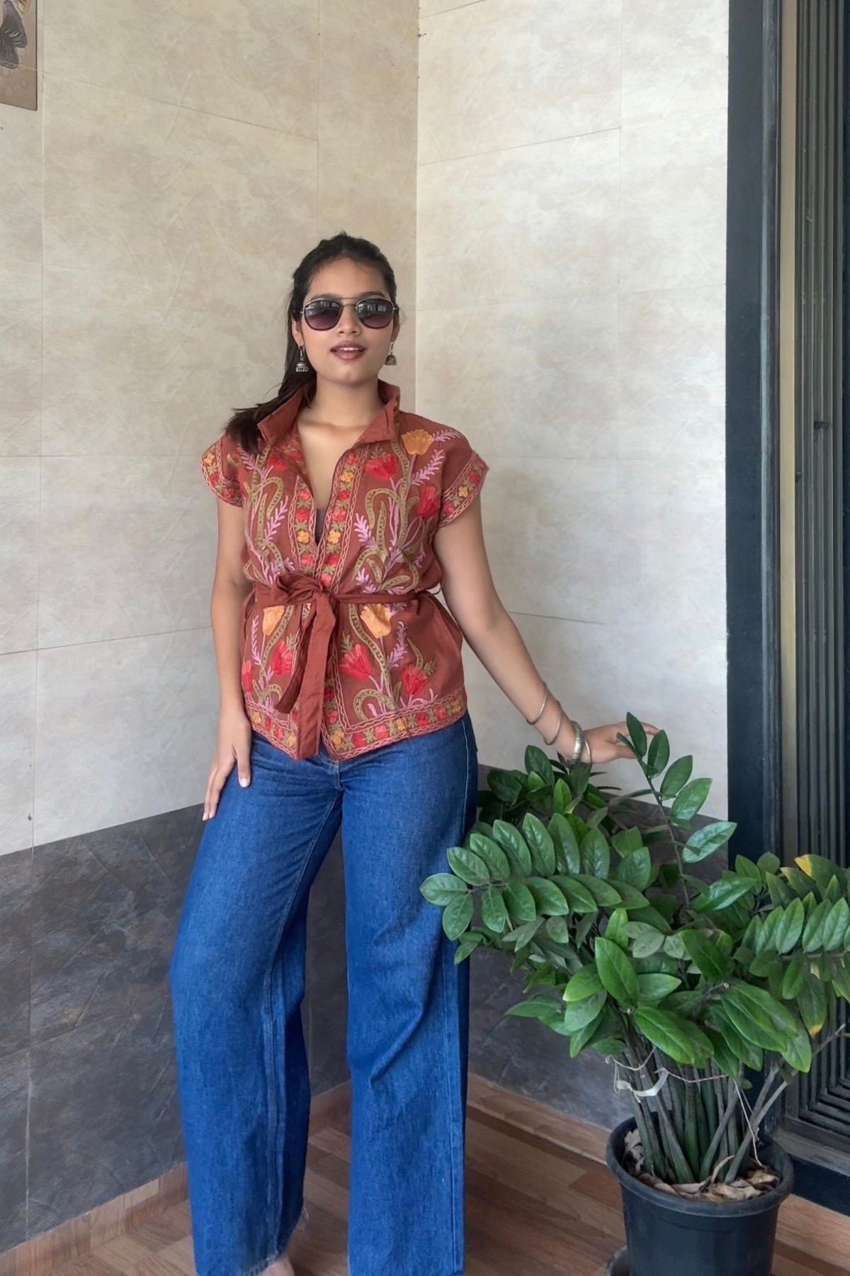 Lynette Lopes in Raahat Mocha Kashmiri Cotton Kimono Short Jacket