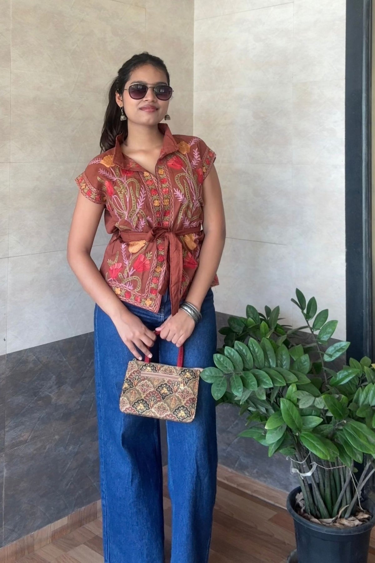 Lynette Lopes in Raahat Mocha Kashmiri Cotton Kimono Short Jacket