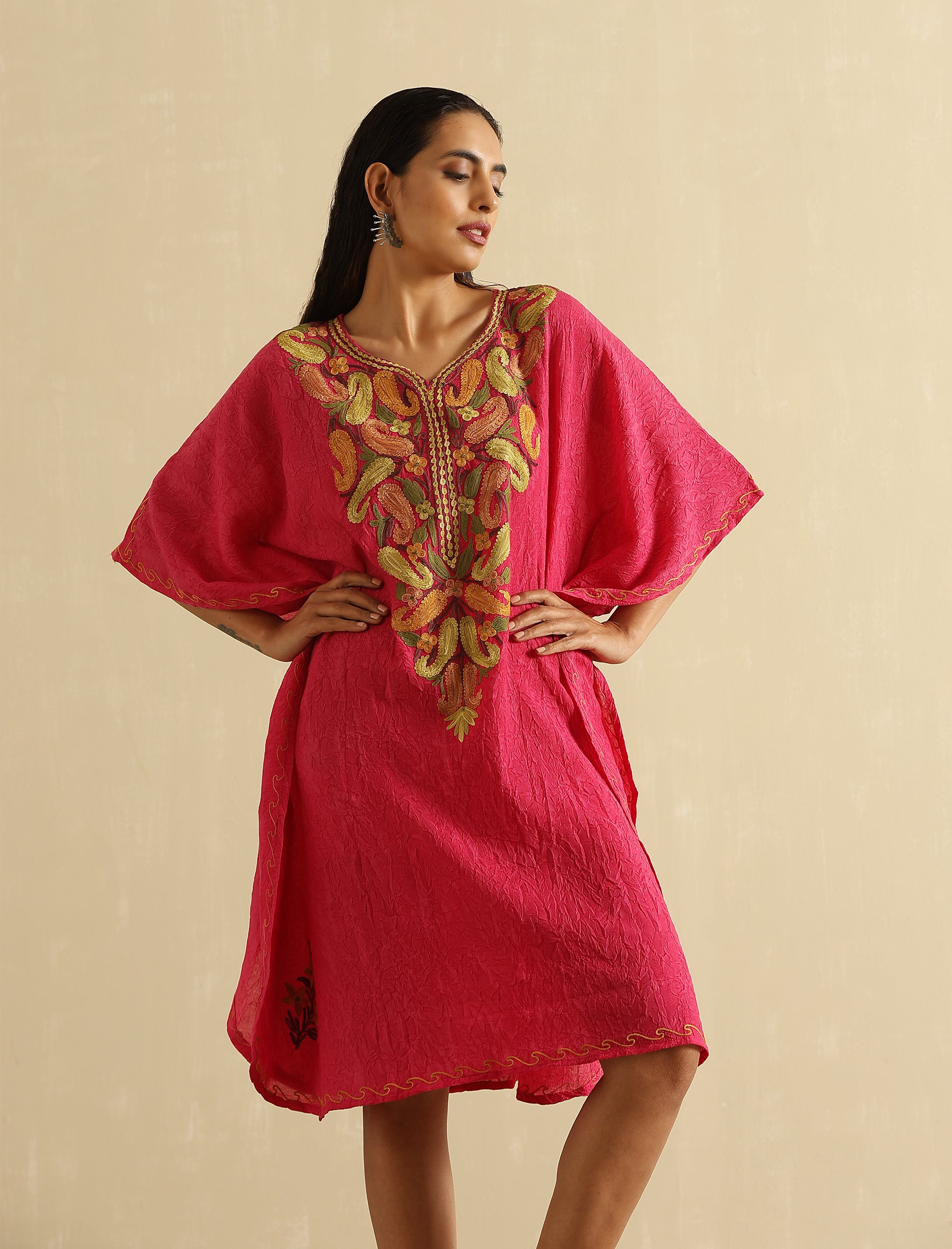 Rani Pink Short Kashmiri Embroidered Kaftan