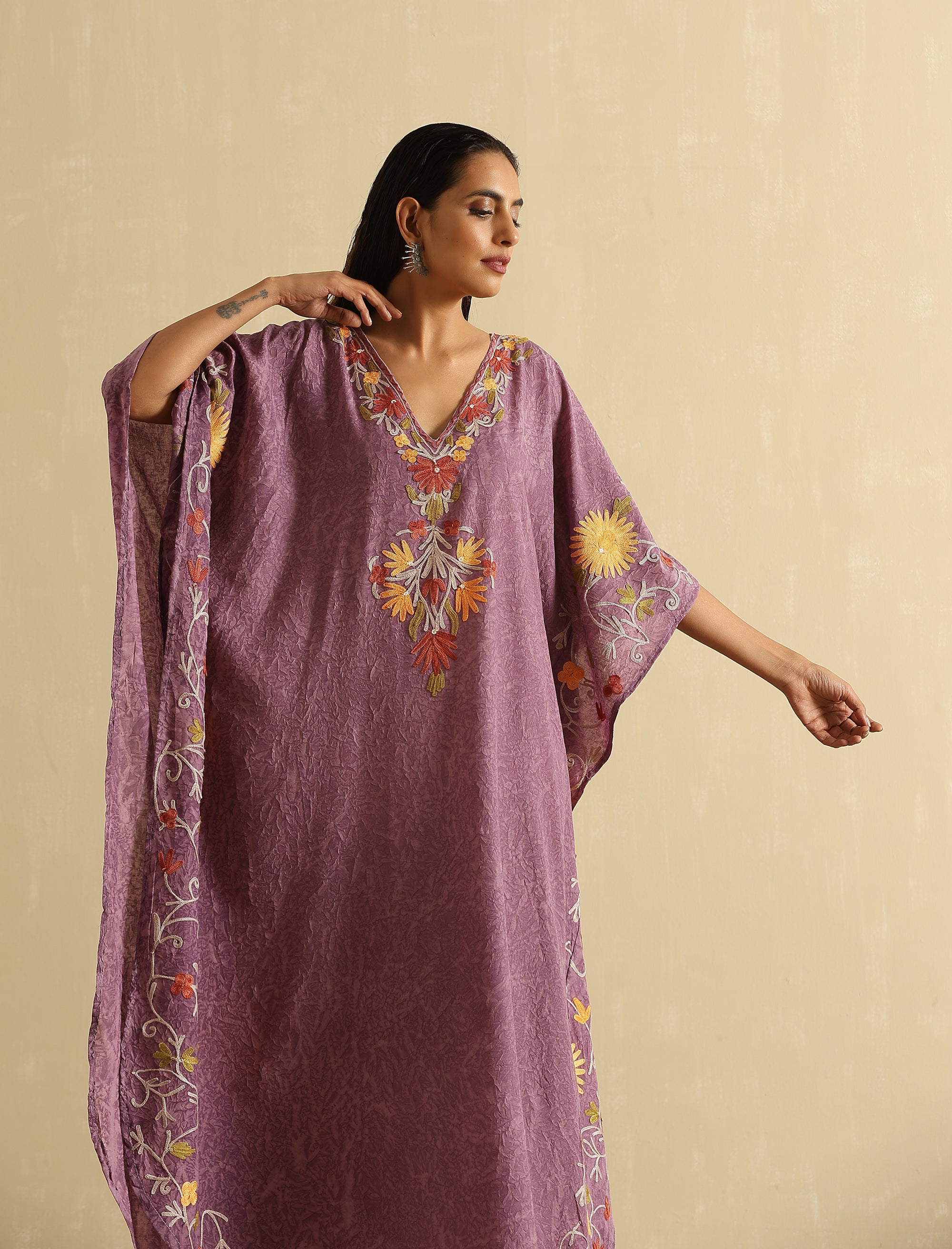 Mauve_Aari_Embroidered_Kashmiri_Long_Cotton_Kaftan_shop_Namastay