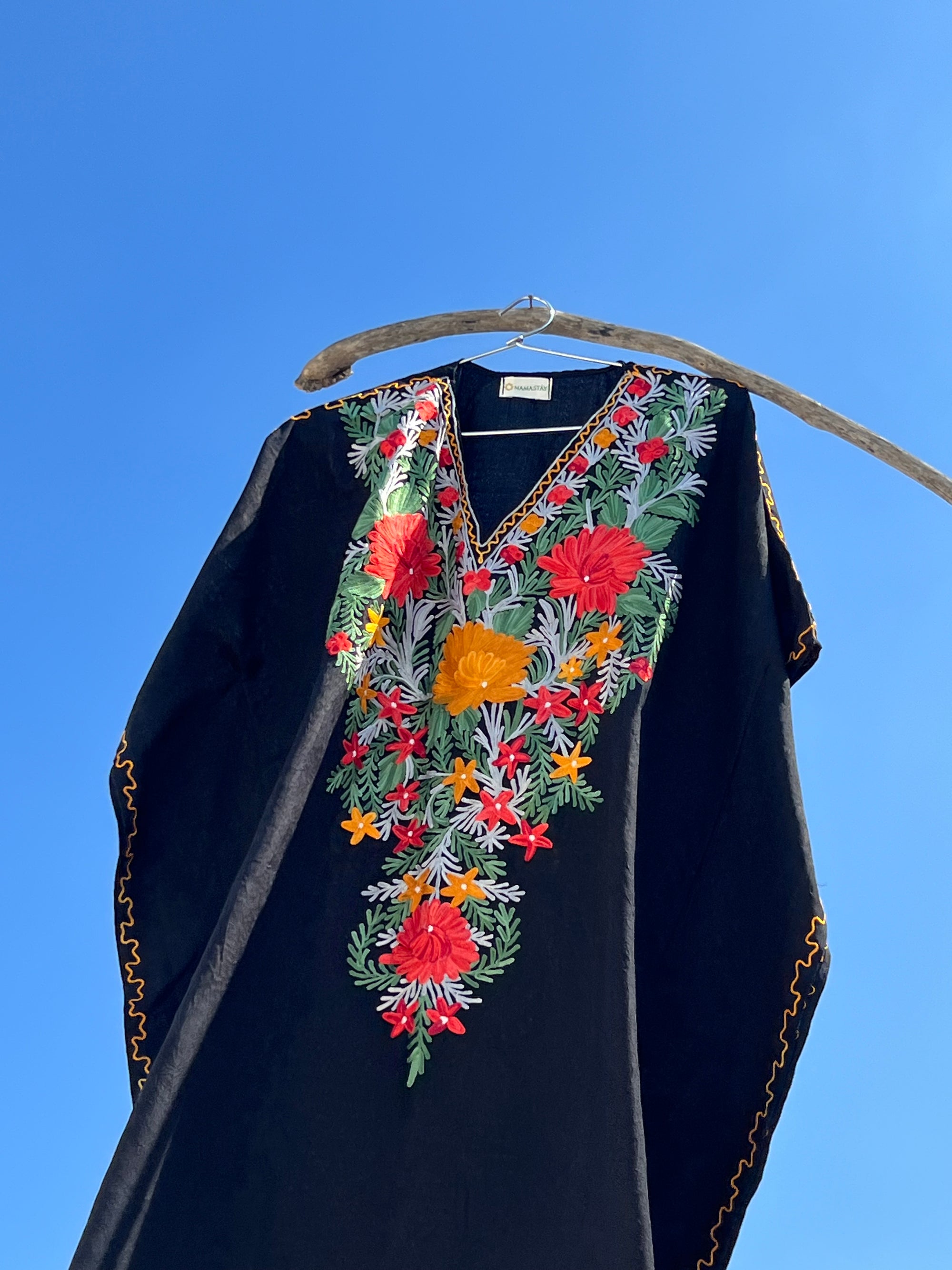 Jade Black Kashmiri Embroidered Summer Short Cotton Kaftan