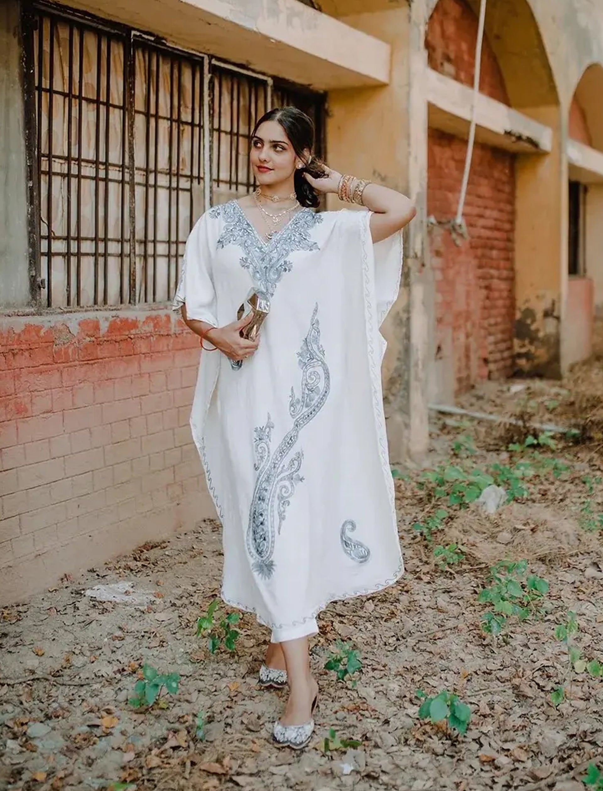 Kashmiri Kaftan Nightgown Maxi with Kashmiri Embroidery Free Size - Burnt Orange