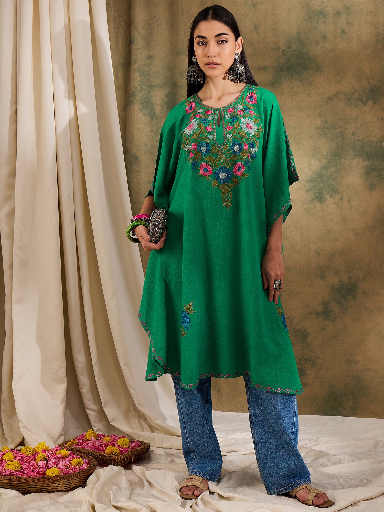 Basil_Green_Kashmiri_Embroidered_Short_Cotton_Kaftan_shop_Namastay