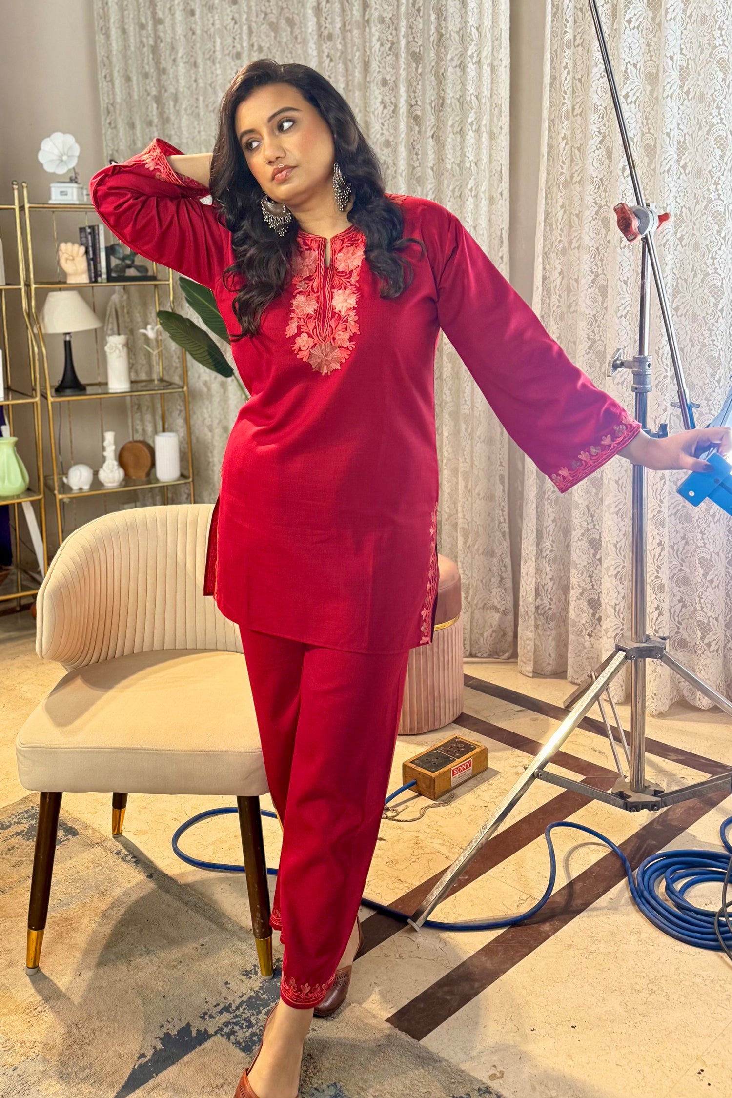 Aabroo_Red_Kashmiri_Cotton_Coord_Set_shop_Namastay