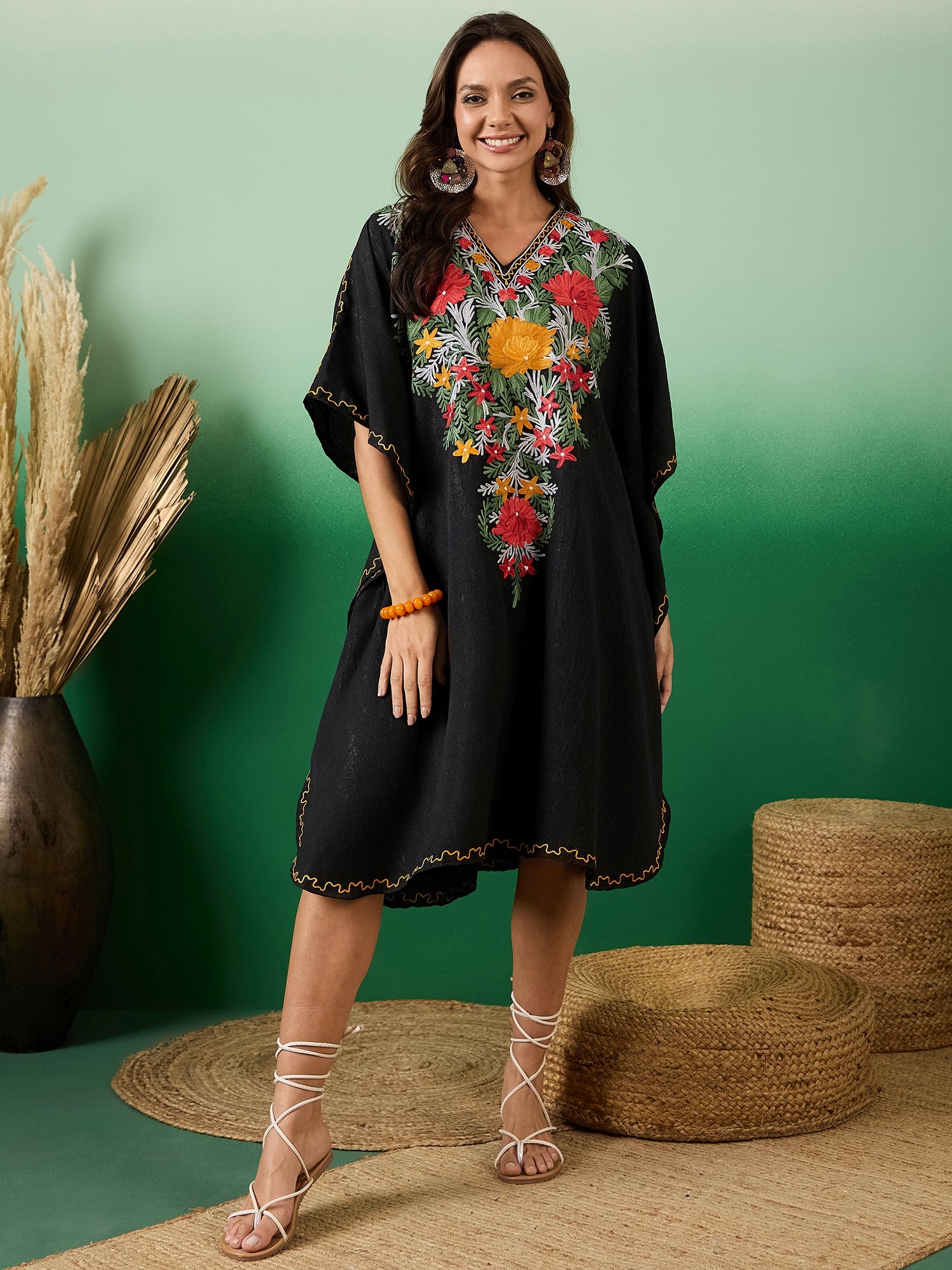 Jade_Black_Kashmiri_Embroidered_Summer_Short_Cotton_Kaftan_shop_Namastay