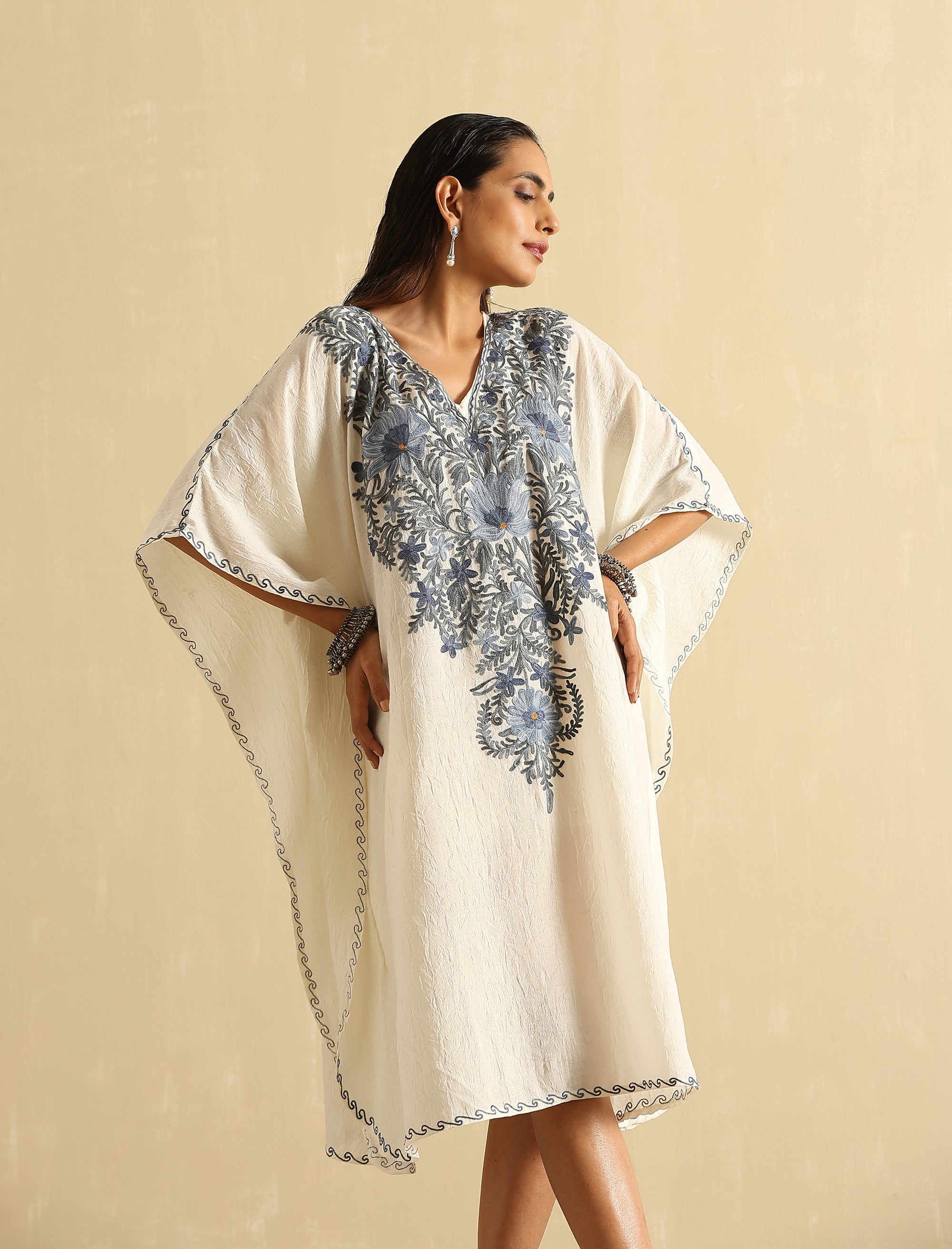 Pearl_White_Aari_Embroidered_Kashmiri_Short_Cotton_Kaftan_shop_Namastay
