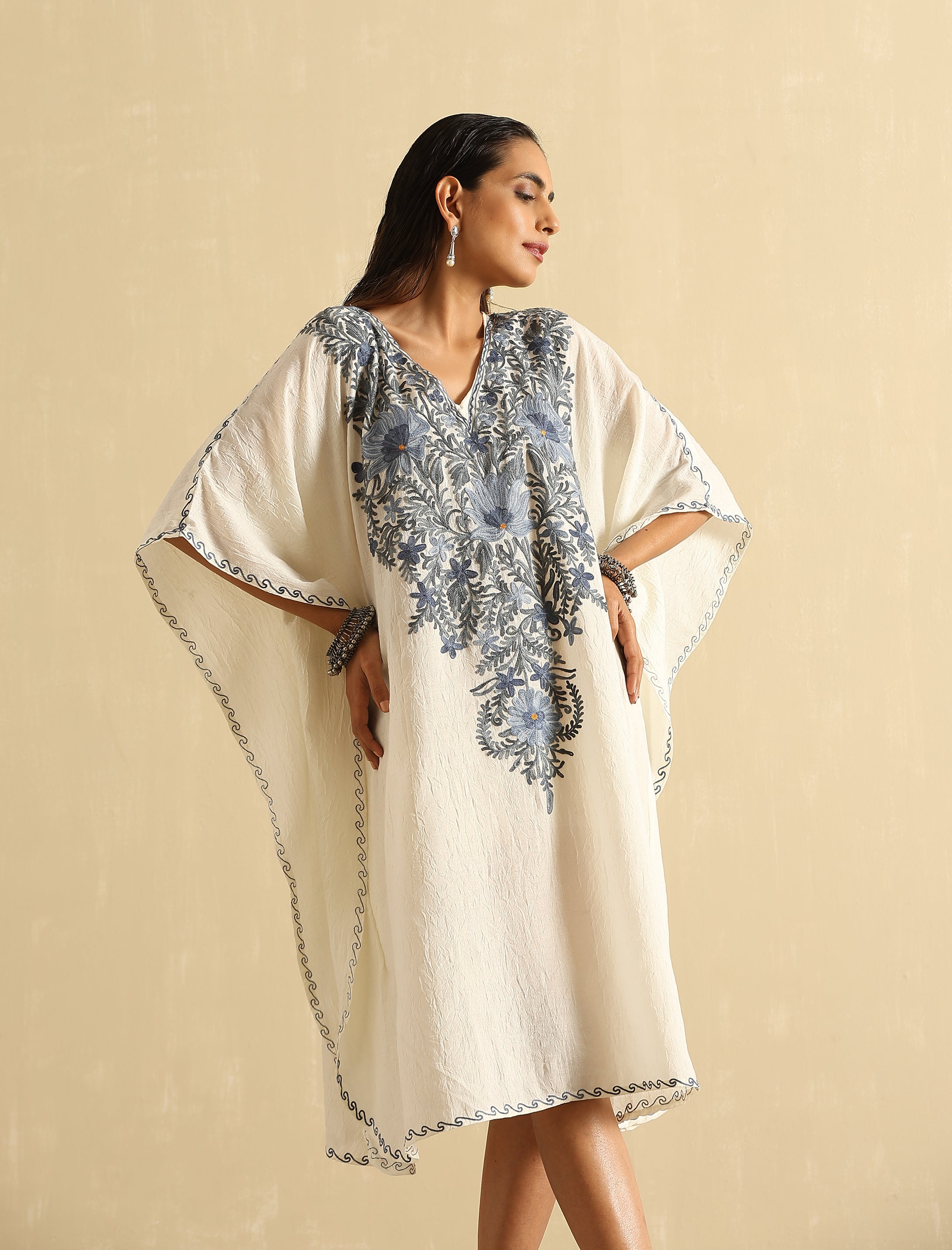 Pearl White Aari Embroidered Kashmiri Kaftan- Short