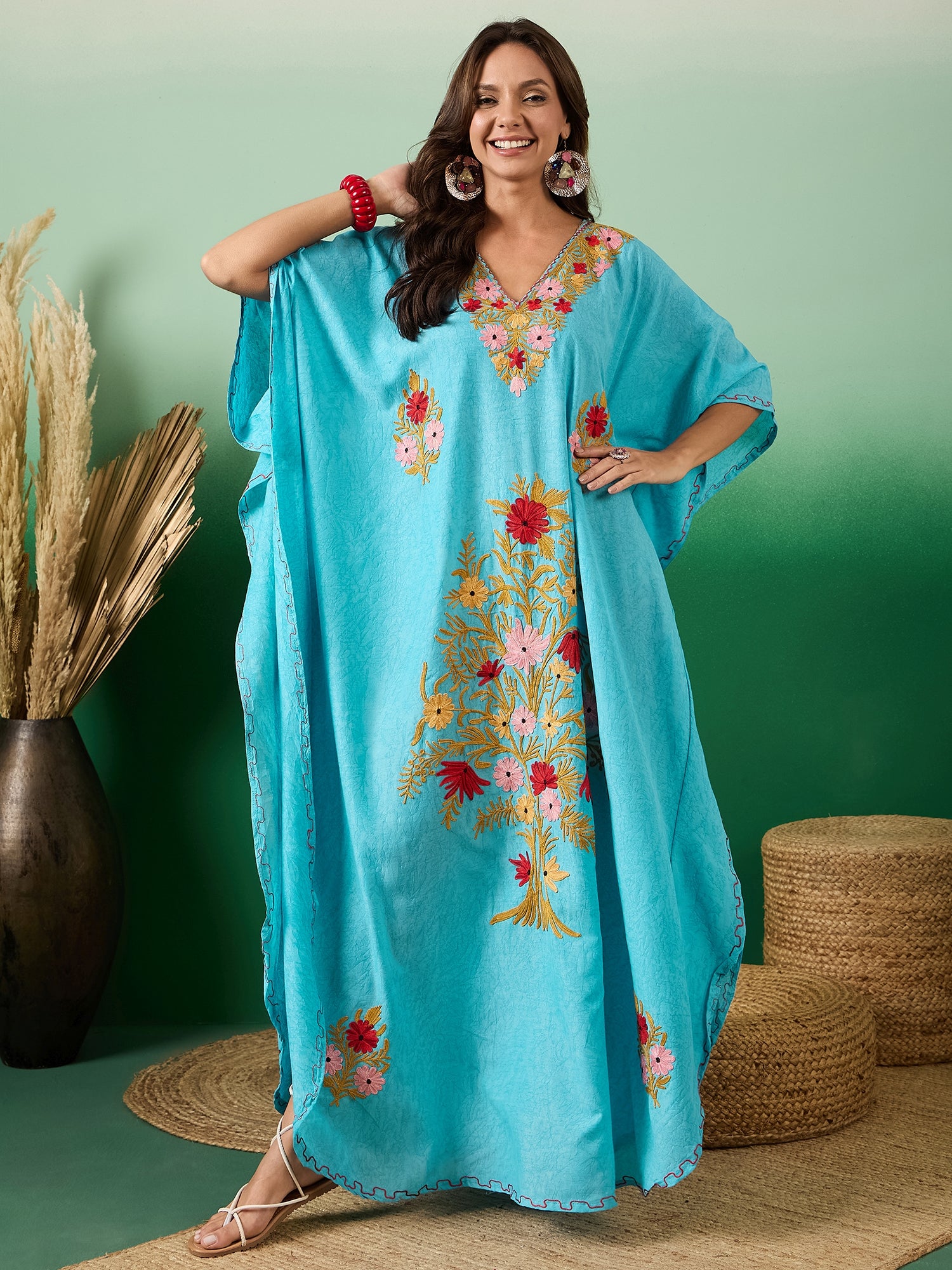 Firozi_Kashmiri_Aari_Summer_Long_Cotton_Kaftan_shop_Namastay