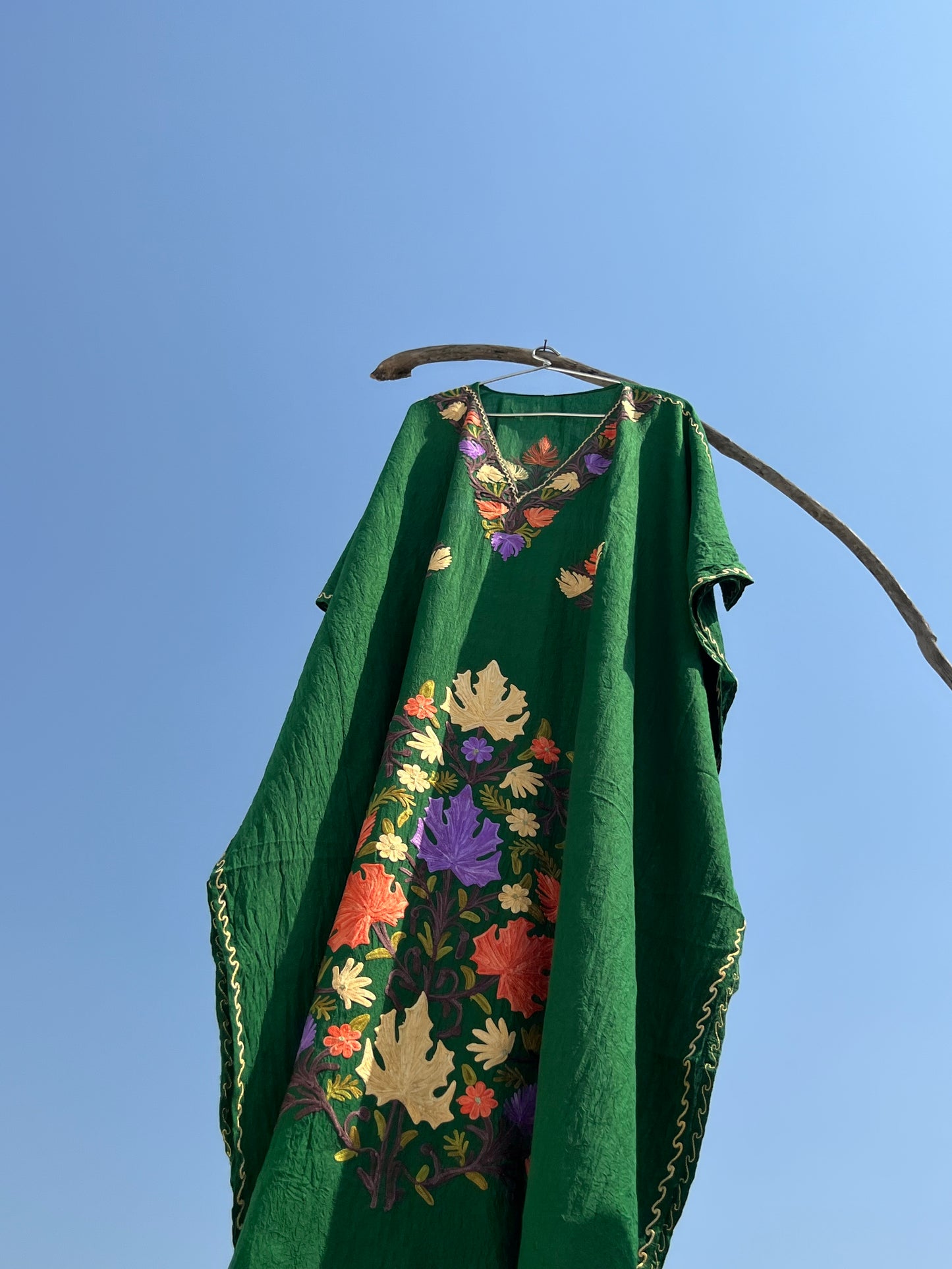 Forest Green Long Kashmiri Aari Embroidered Kaftan