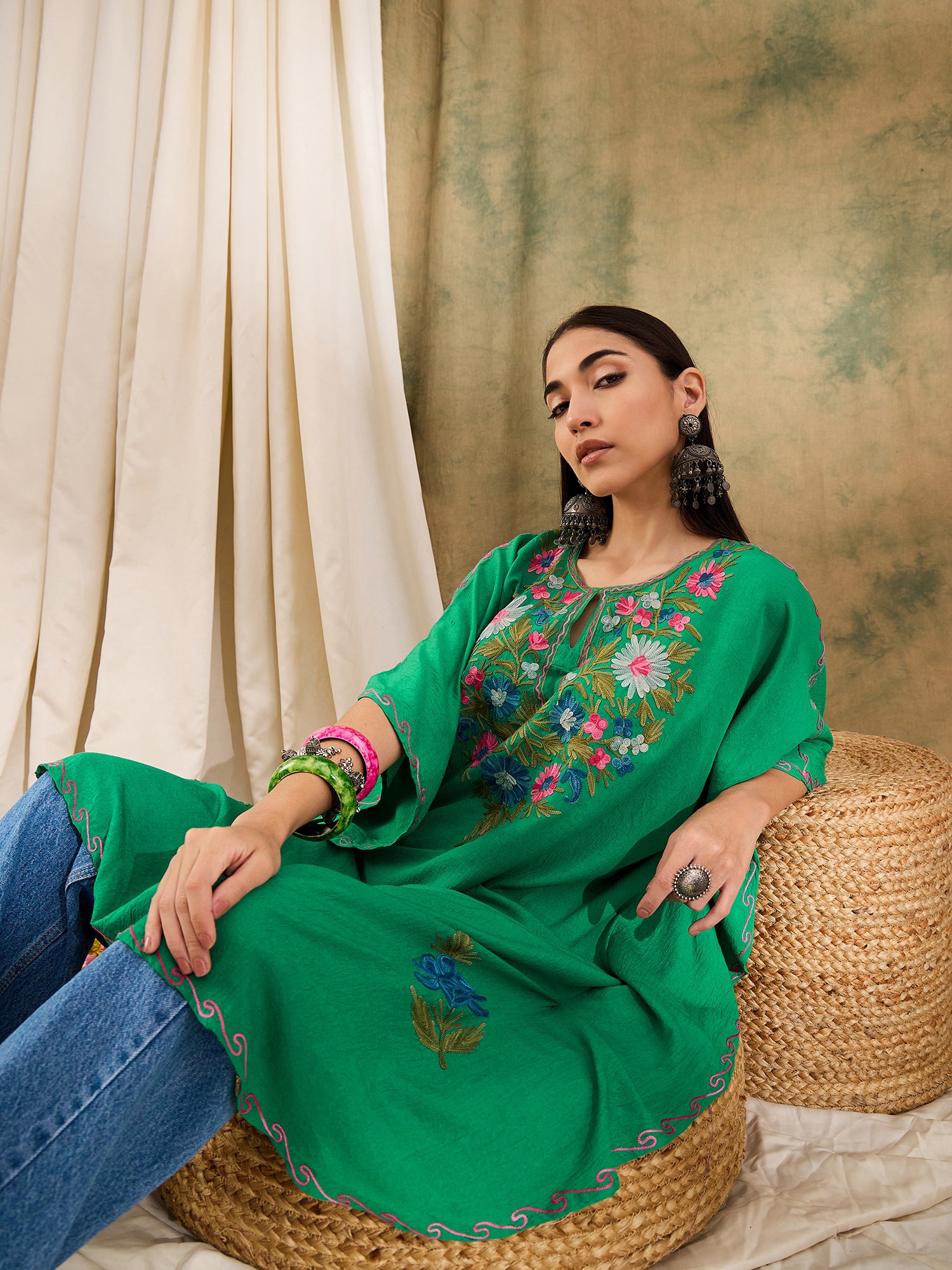 Basil_Green_Kashmiri_Embroidered_Short_Cotton_Kaftan_shop_Namastay