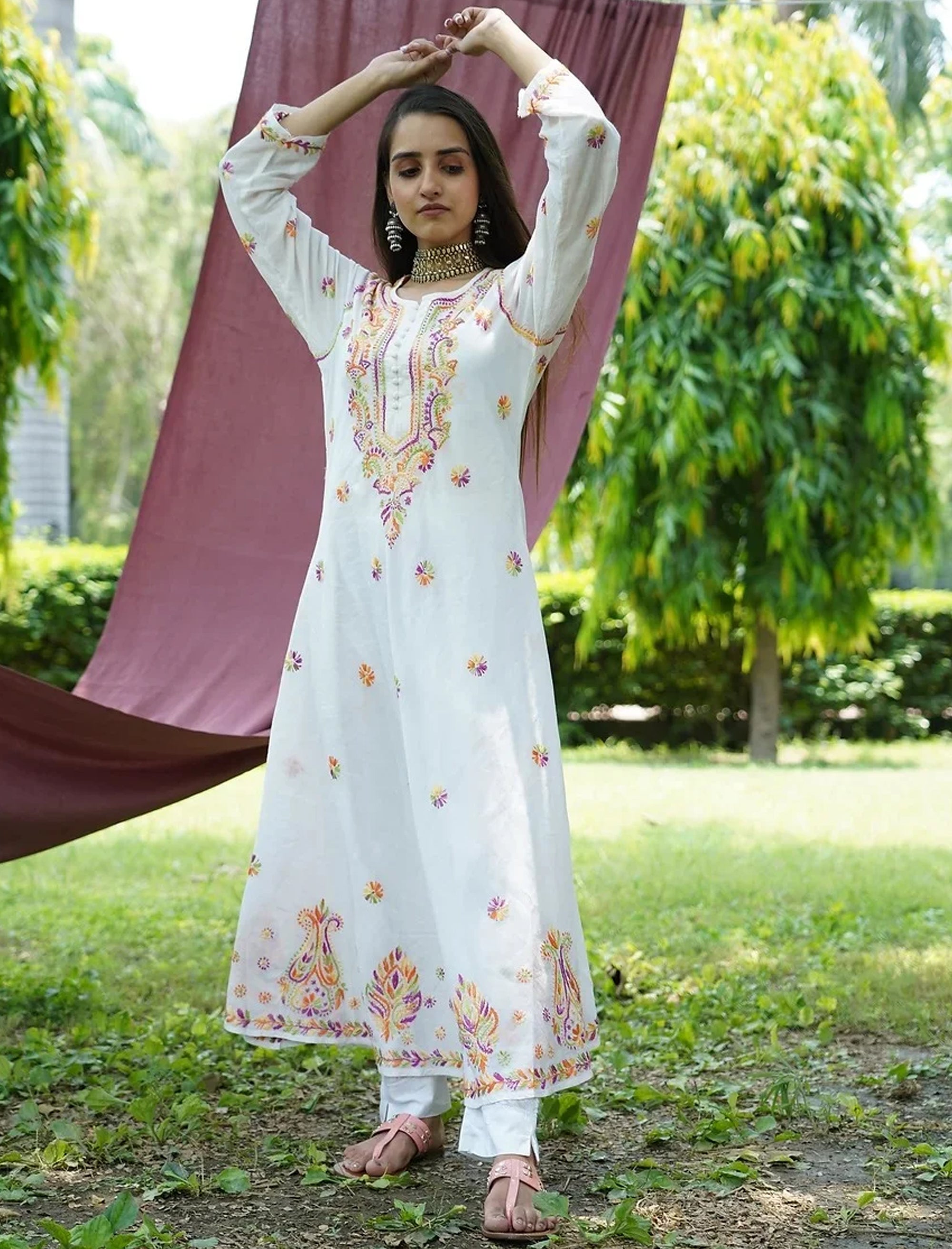 Naeem Multi Embroidered Flared Cotton Kurta