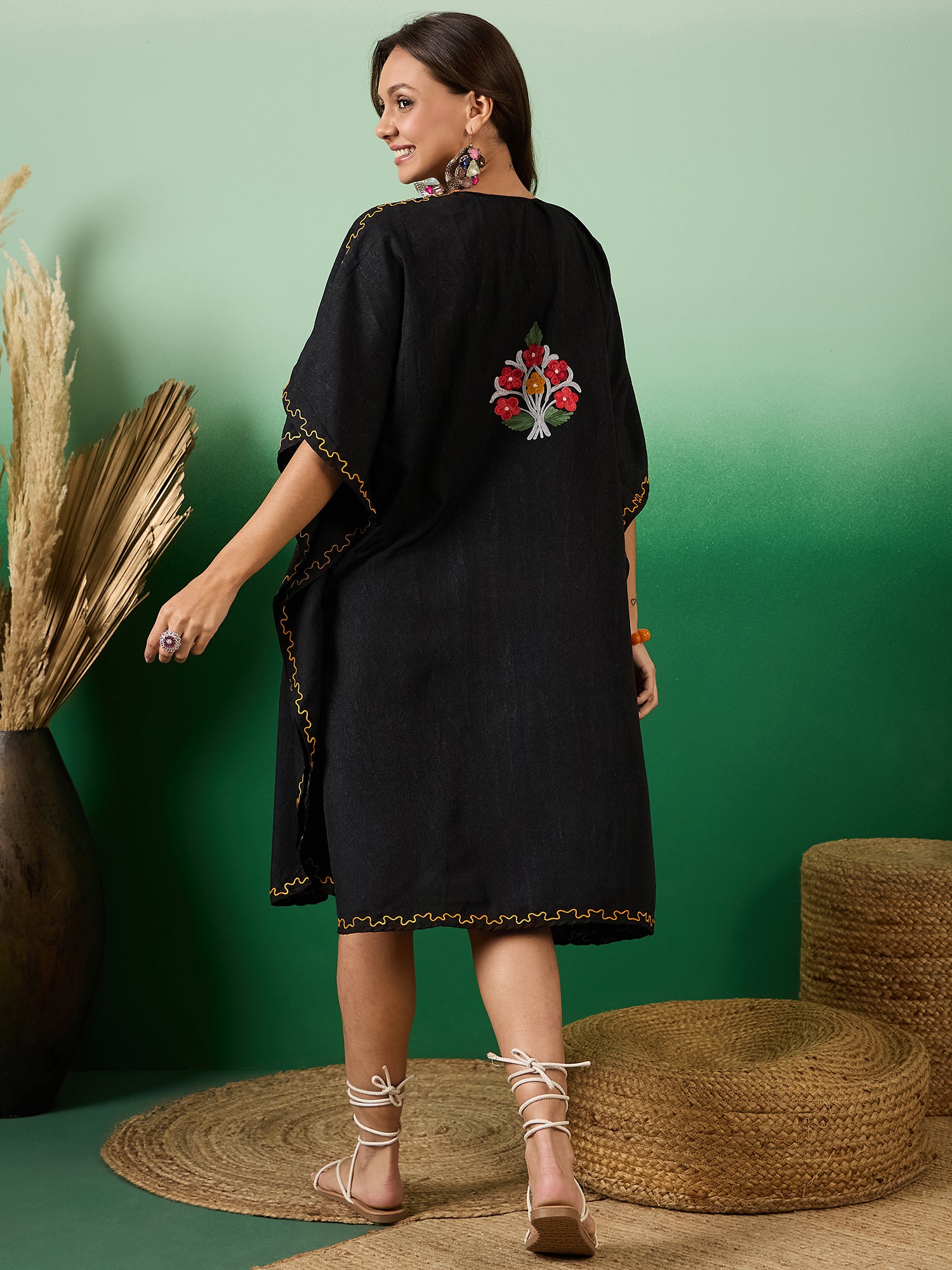 Jade_Black_Kashmiri_Embroidered_Summer_Short_Cotton_Kaftan_shop_Namastay