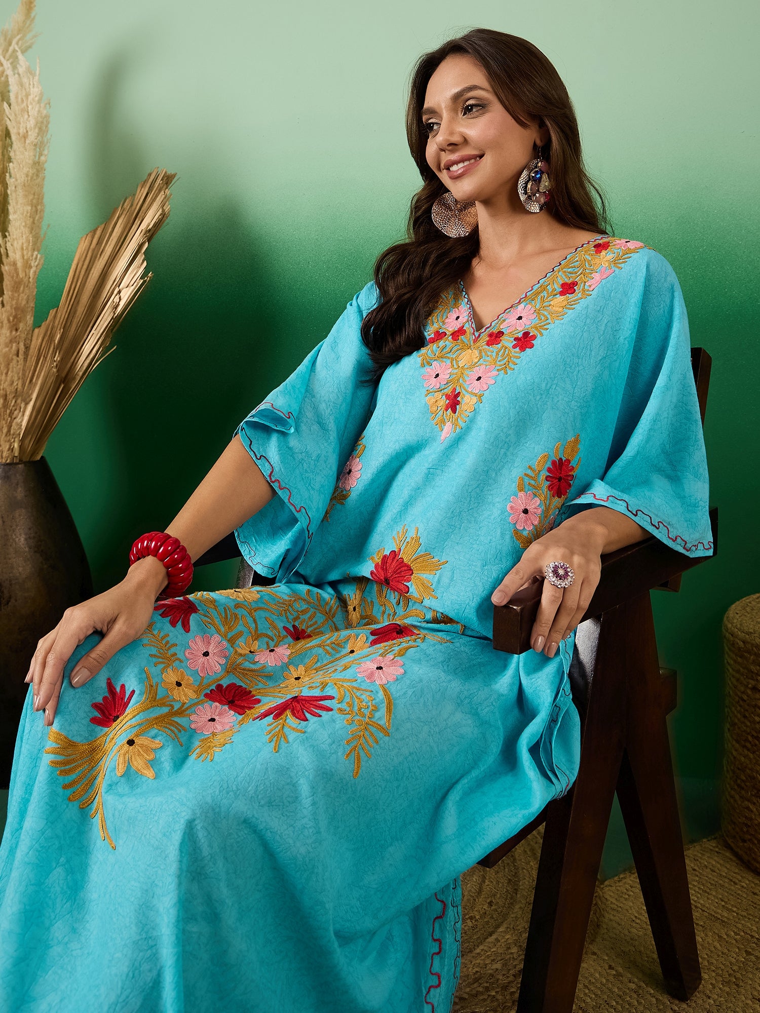Firozi_Kashmiri_Aari_Summer_Long_Cotton_Kaftan_shop_Namastay