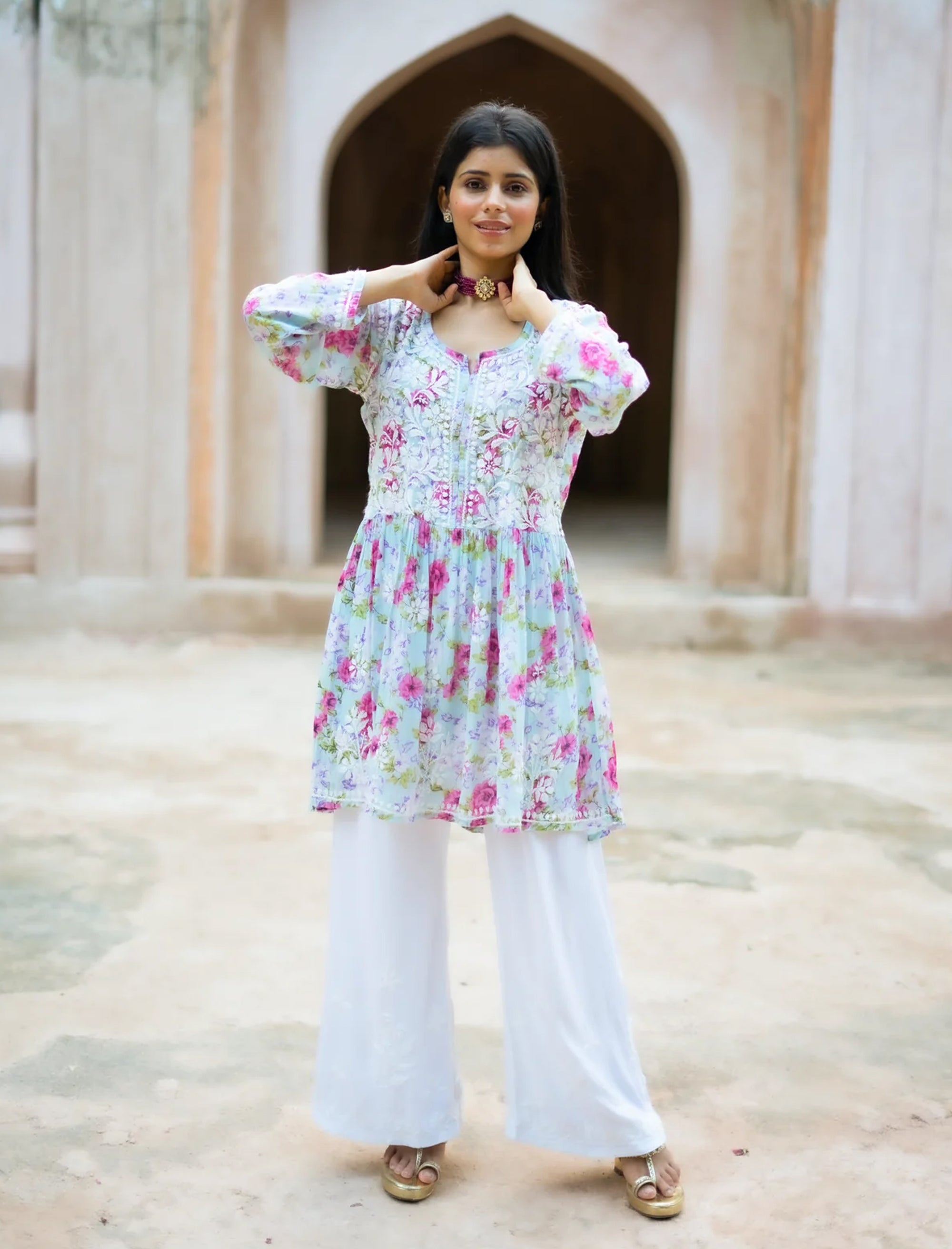 Fiza_Flared_Anakarli_Short_Printed_Chikankari_Cotton_Kurta_shop_Namastay