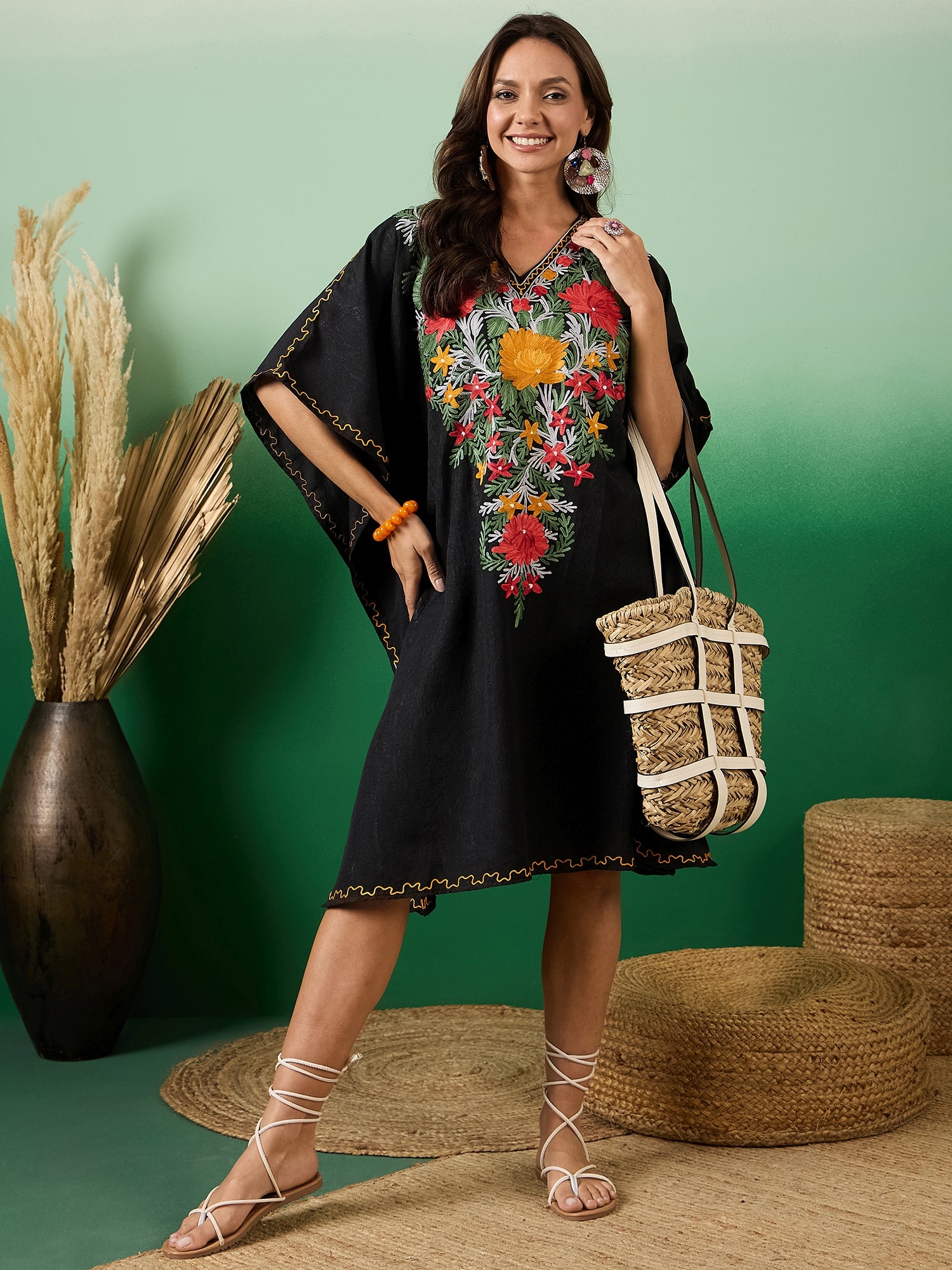 Jade_Black_Kashmiri_Embroidered_Summer_Short_Cotton_Kaftan_shop_Namastay