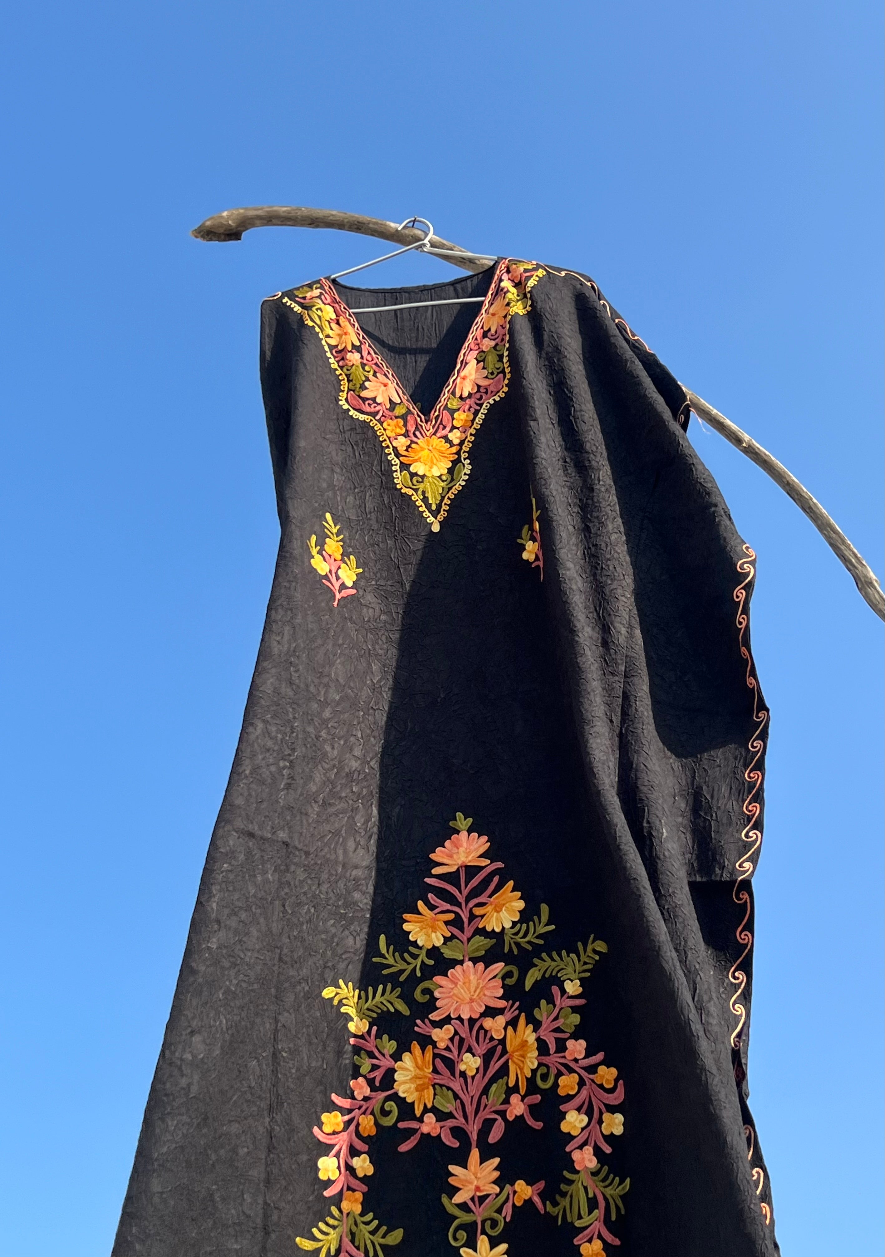 Midnight Black Kashmiri Embroidered Kaftan - Long