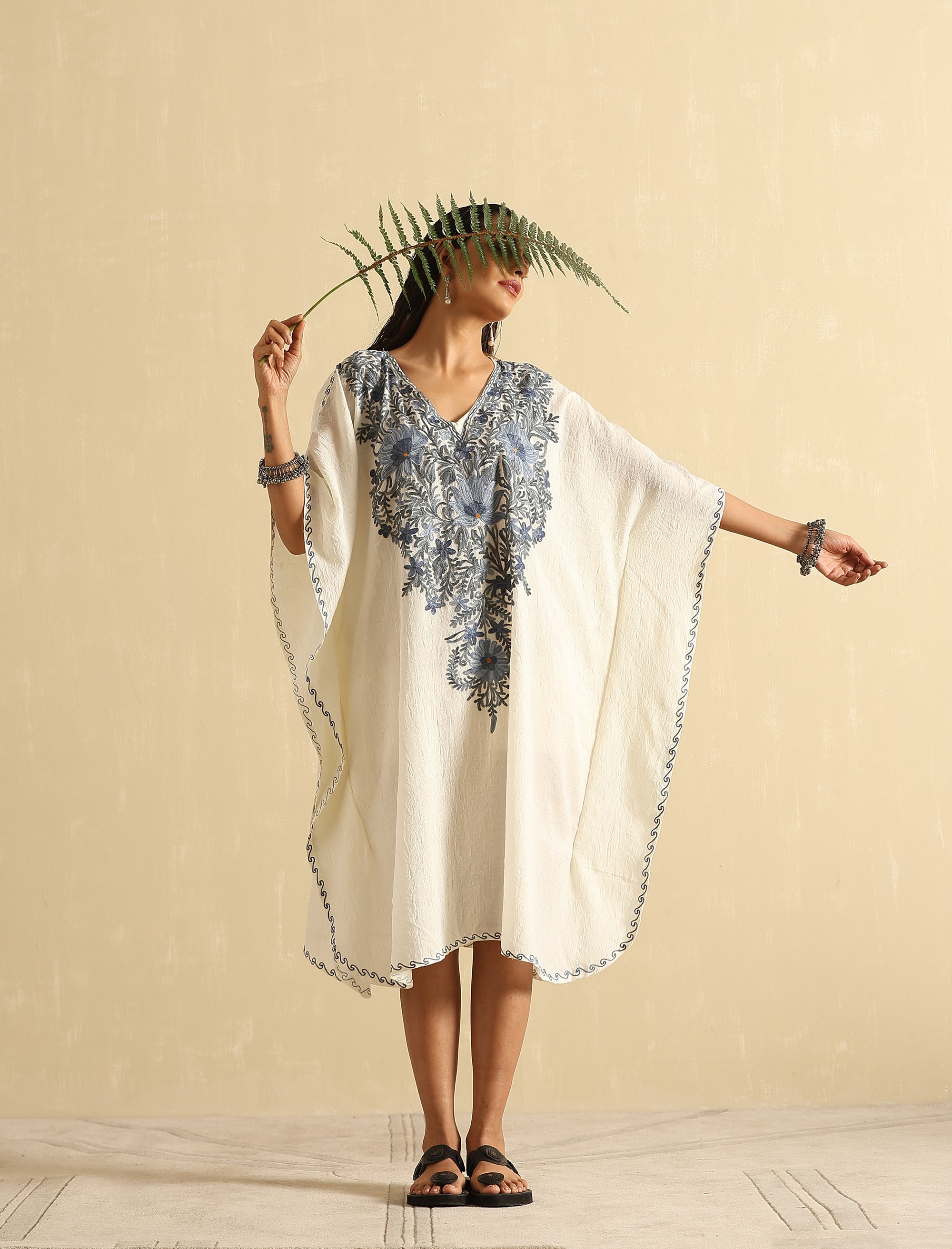 Pearl_White_Aari_Embroidered_Kashmiri_Short_Cotton_Kaftan_shop_Namastay