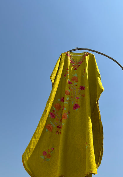 Lemon Green Kashmiri Embroidered Summer Long Kaftan