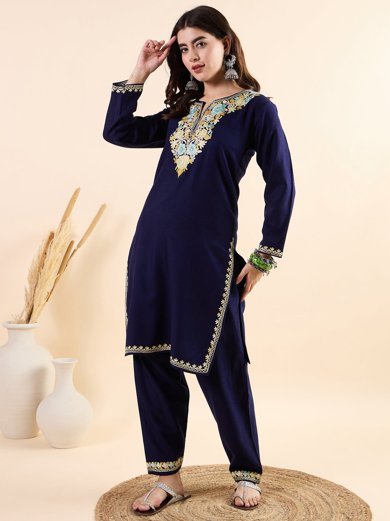 Anam_Blue_Kashmiri_Woollen_Kurta_Co-ord_Set_shop_Namastay