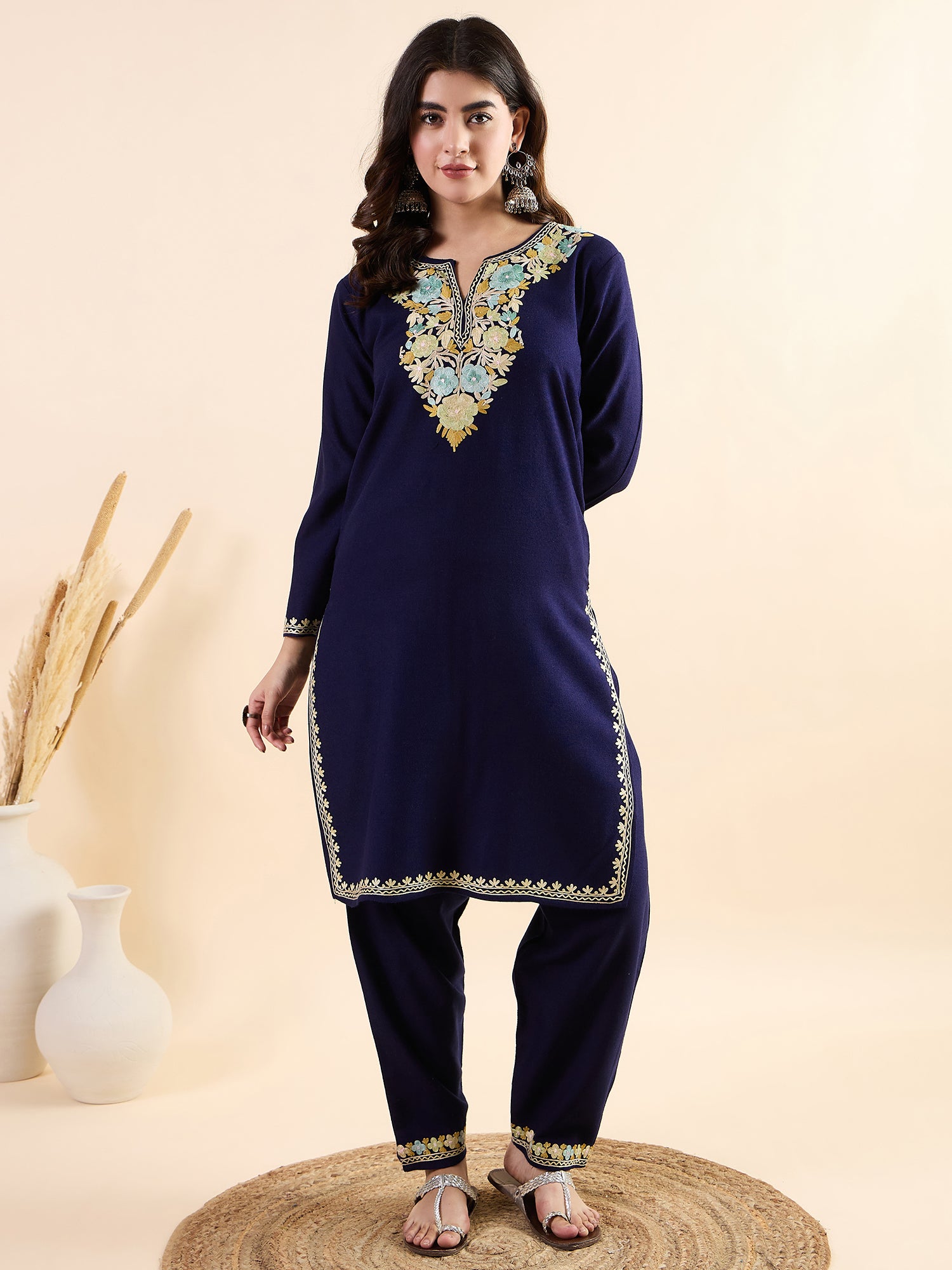 Anam_Blue_Kashmiri_Woollen_Kurta_Co-ord_Set_shop_Namastay