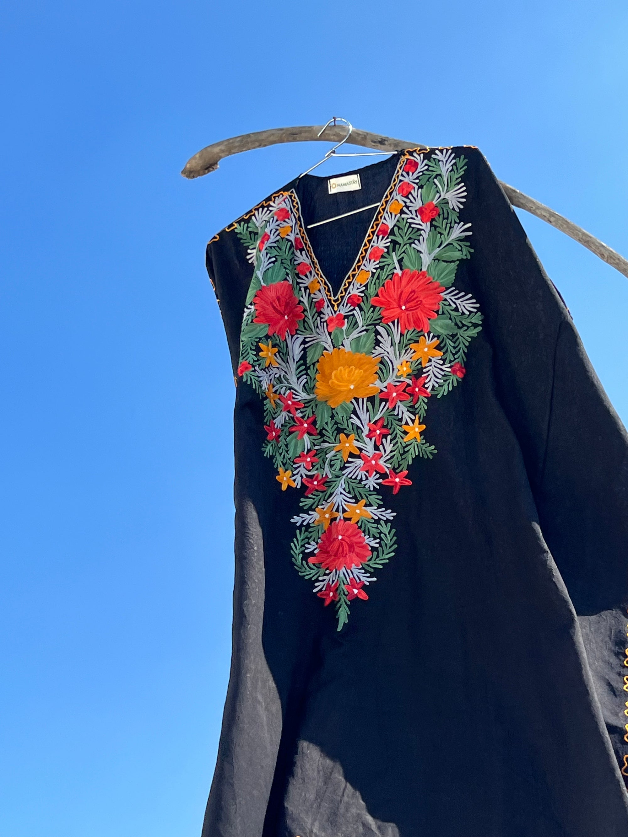 Jade_Black_Kashmiri_Embroidered_Summer_Short_Cotton_Kaftan_shop_Namastay