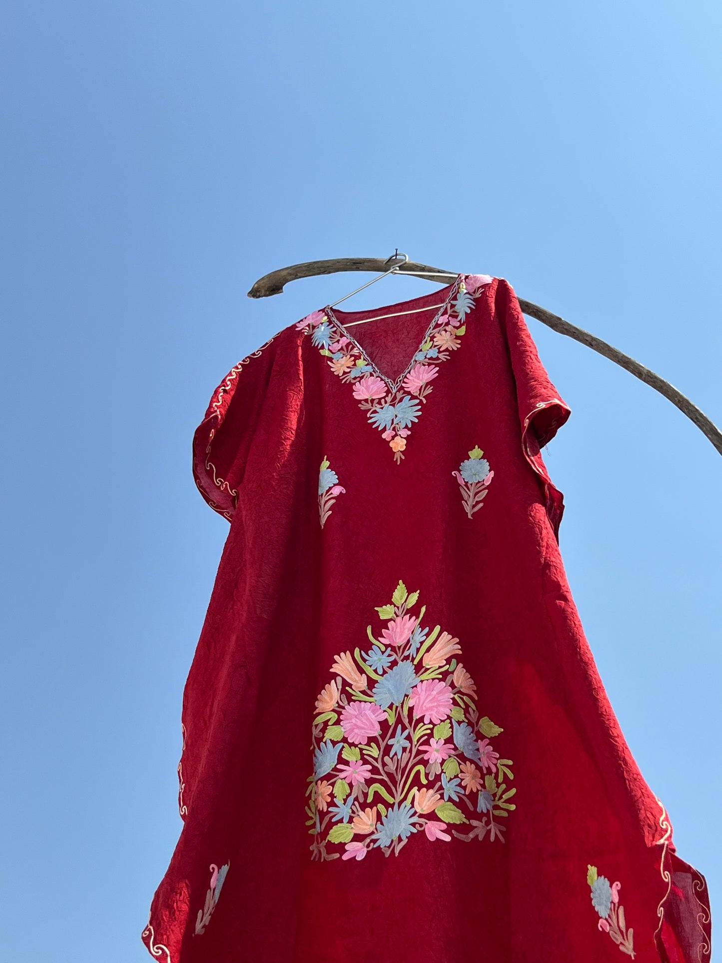 Marsala Red Kashmiri Embroidered Short Kaftan
