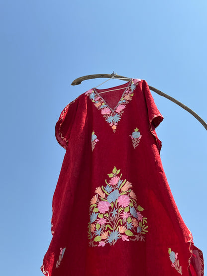 Marsala Red Kashmiri Embroidered Short Kaftan