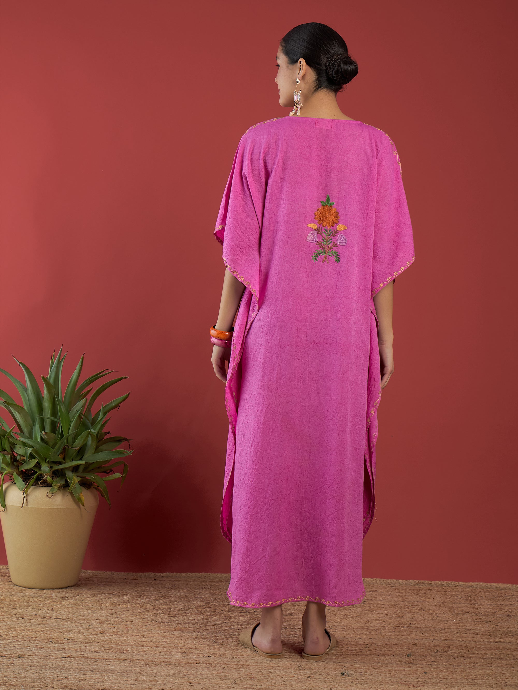 Bubblegum_Pink_Aari_Embroidered_Kashmiri_Long_Cotton_Kaftan_shop_Namastay