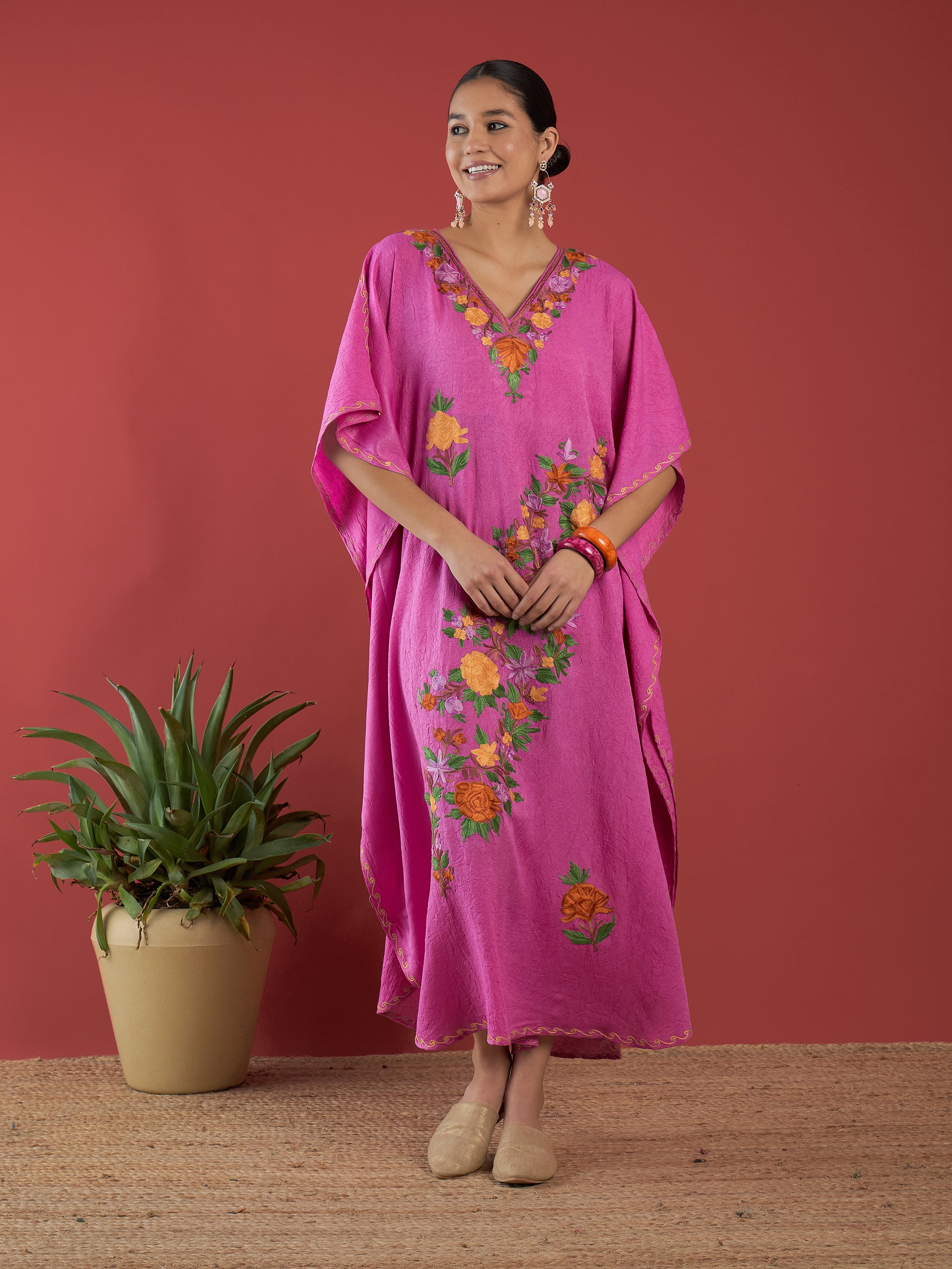 Bubblegum_Pink_Aari_Embroidered_Kashmiri_Long_Cotton_Kaftan_shop_Namastay