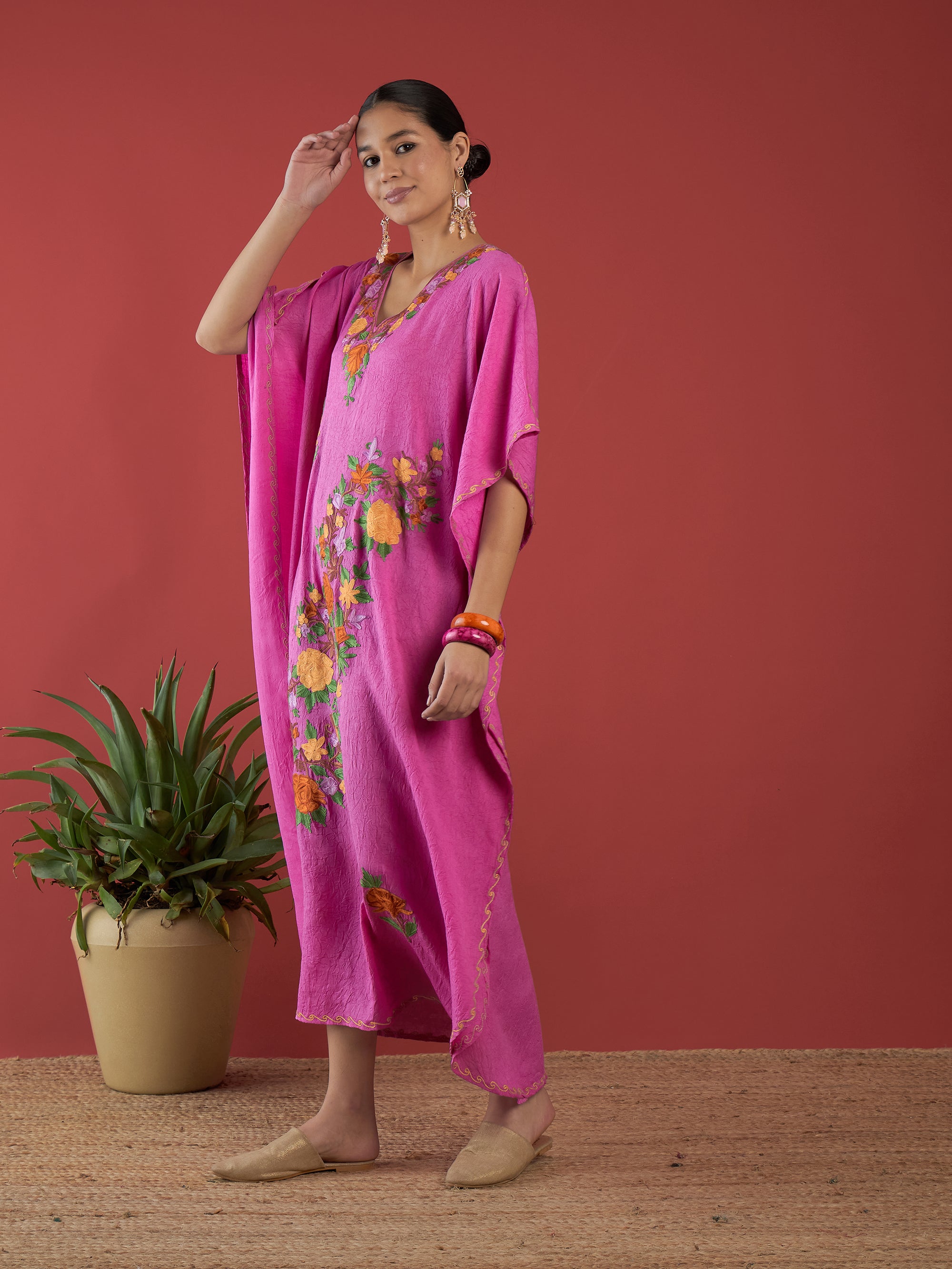 Bubblegum_Pink_Aari_Embroidered_Kashmiri_Long_Cotton_Kaftan_shop_Namastay