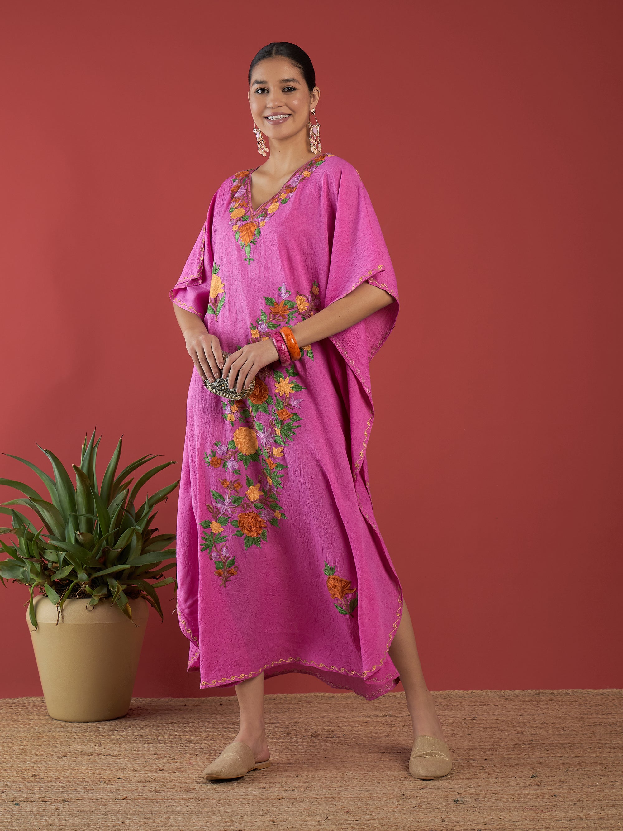 Bubblegum_Pink_Aari_Embroidered_Kashmiri_Long_Cotton_Kaftan_shop_Namastay