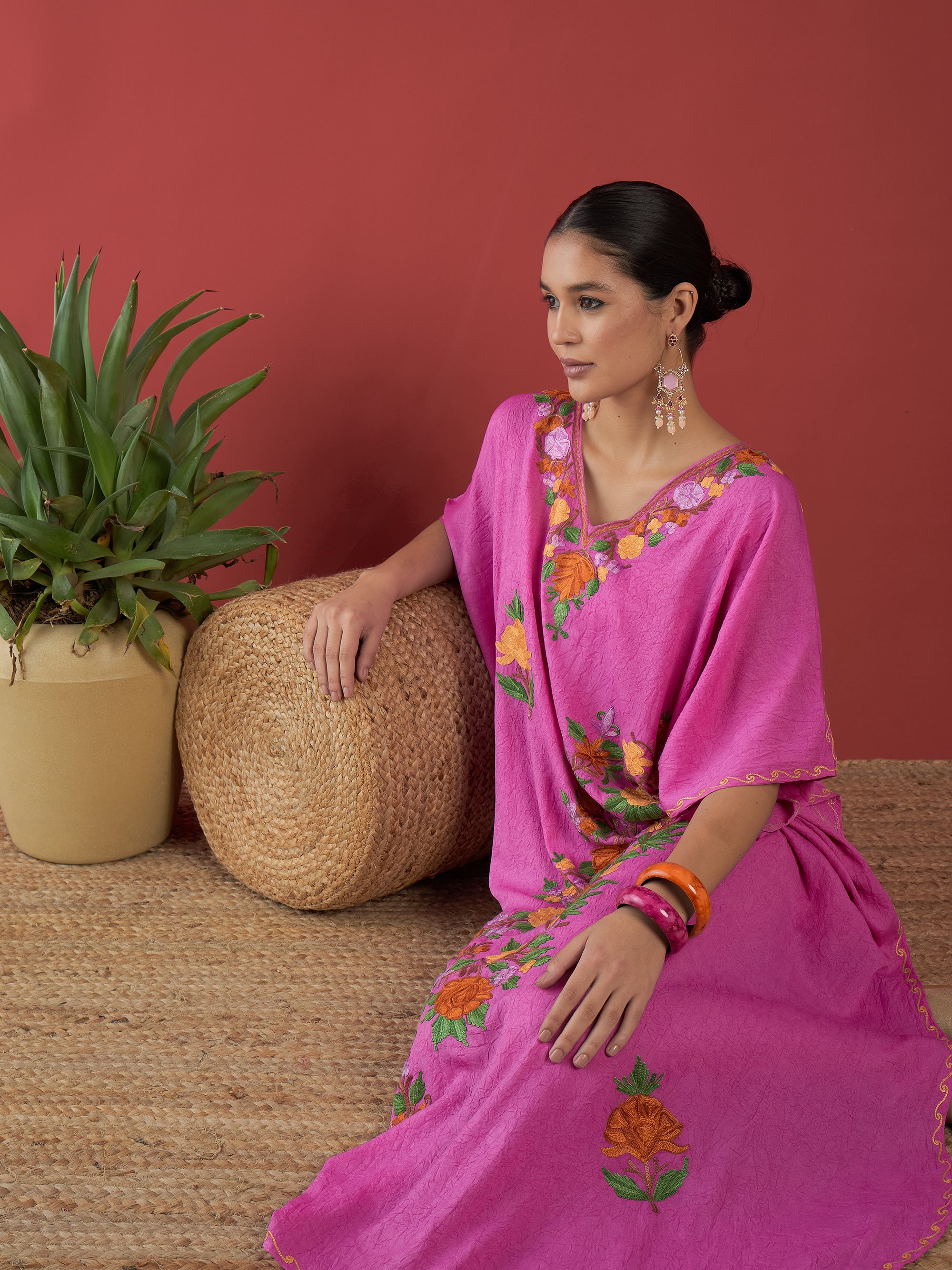Bubblegum_Pink_Aari_Embroidered_Kashmiri_Long_Cotton_Kaftan_shop_Namastay