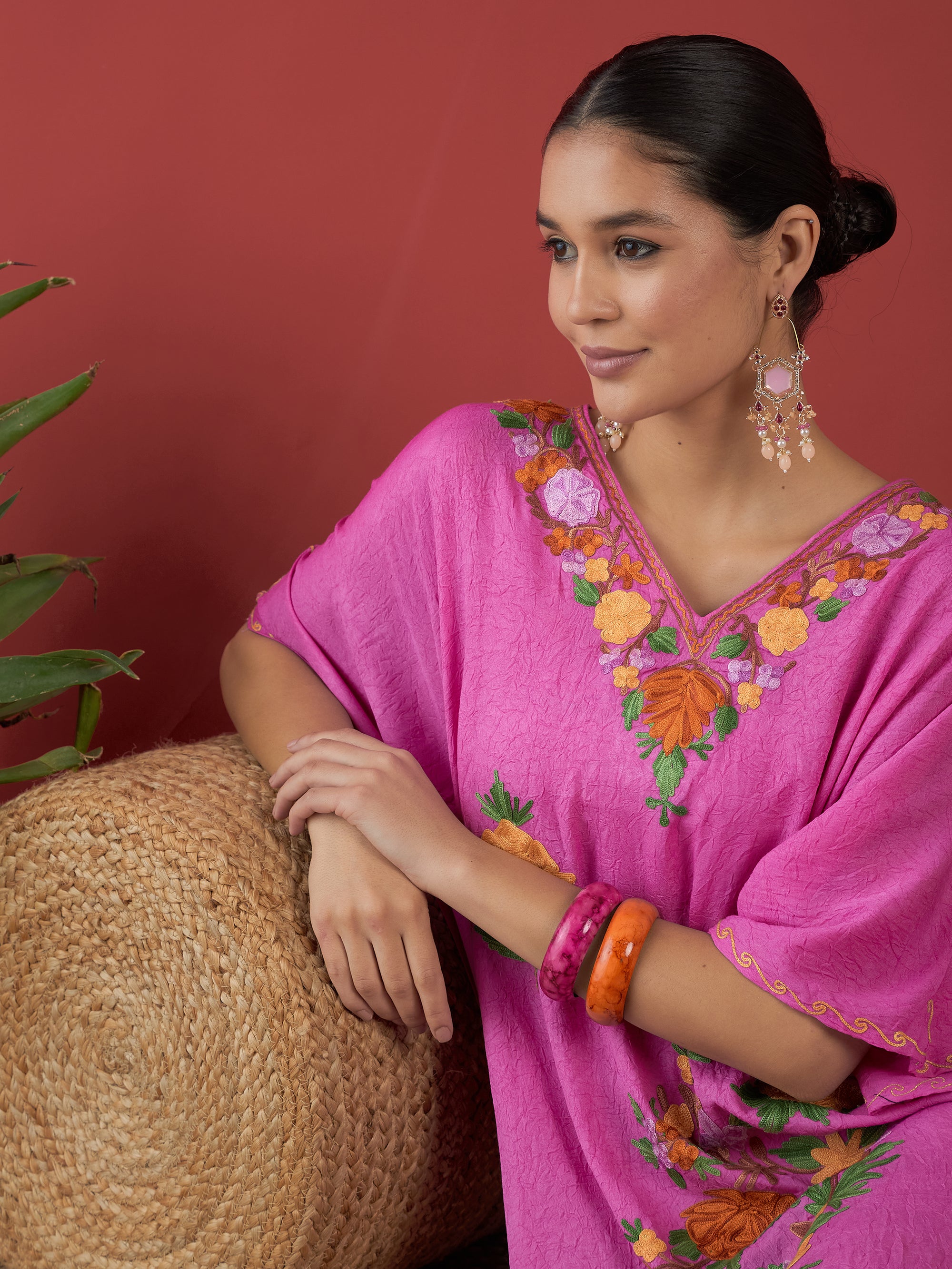 Bubblegum_Pink_Aari_Embroidered_Kashmiri_Long_Cotton_Kaftan_shop_Namastay