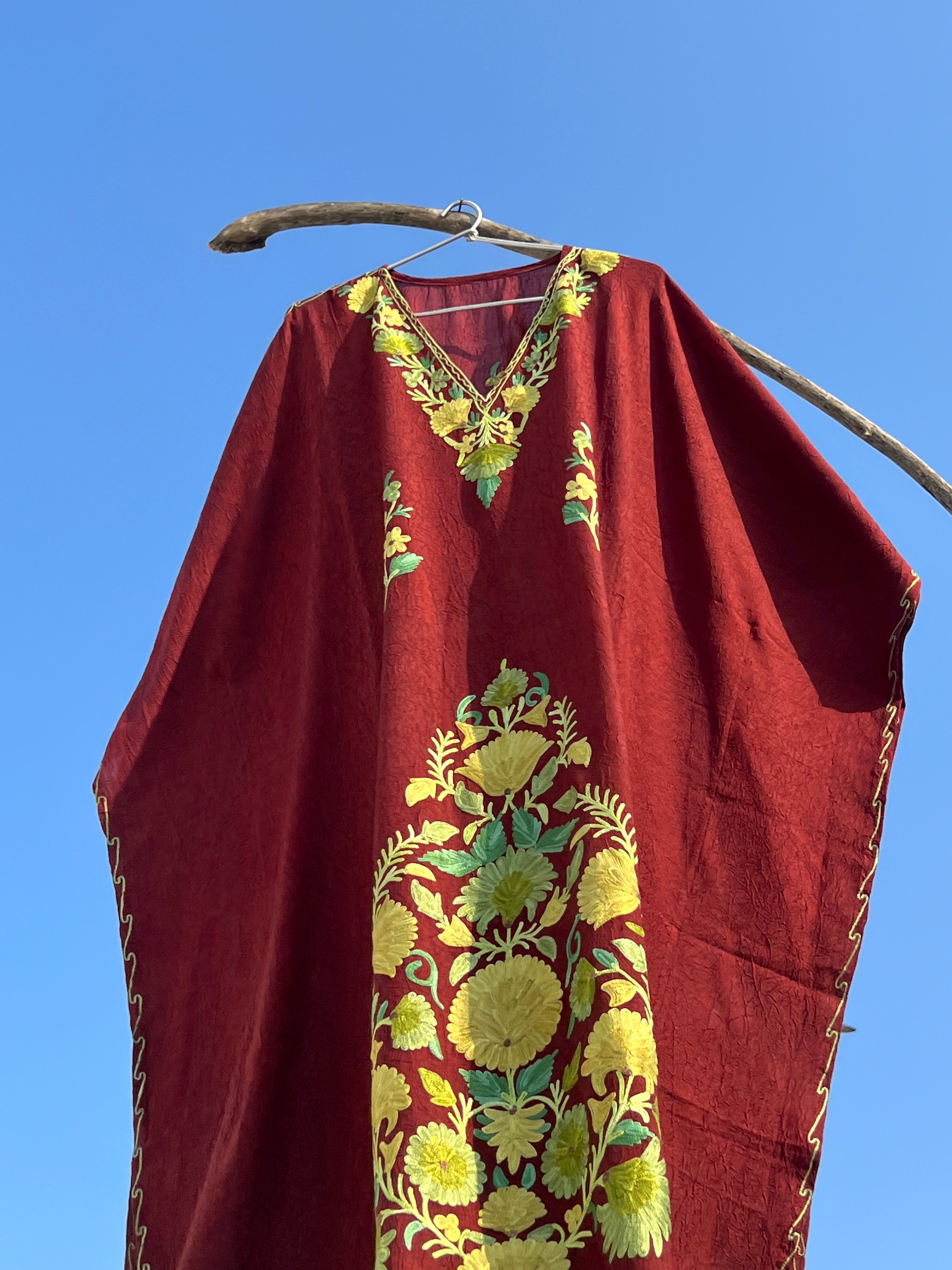 Marsala Kashmiri Embroidered Kaftan - Long