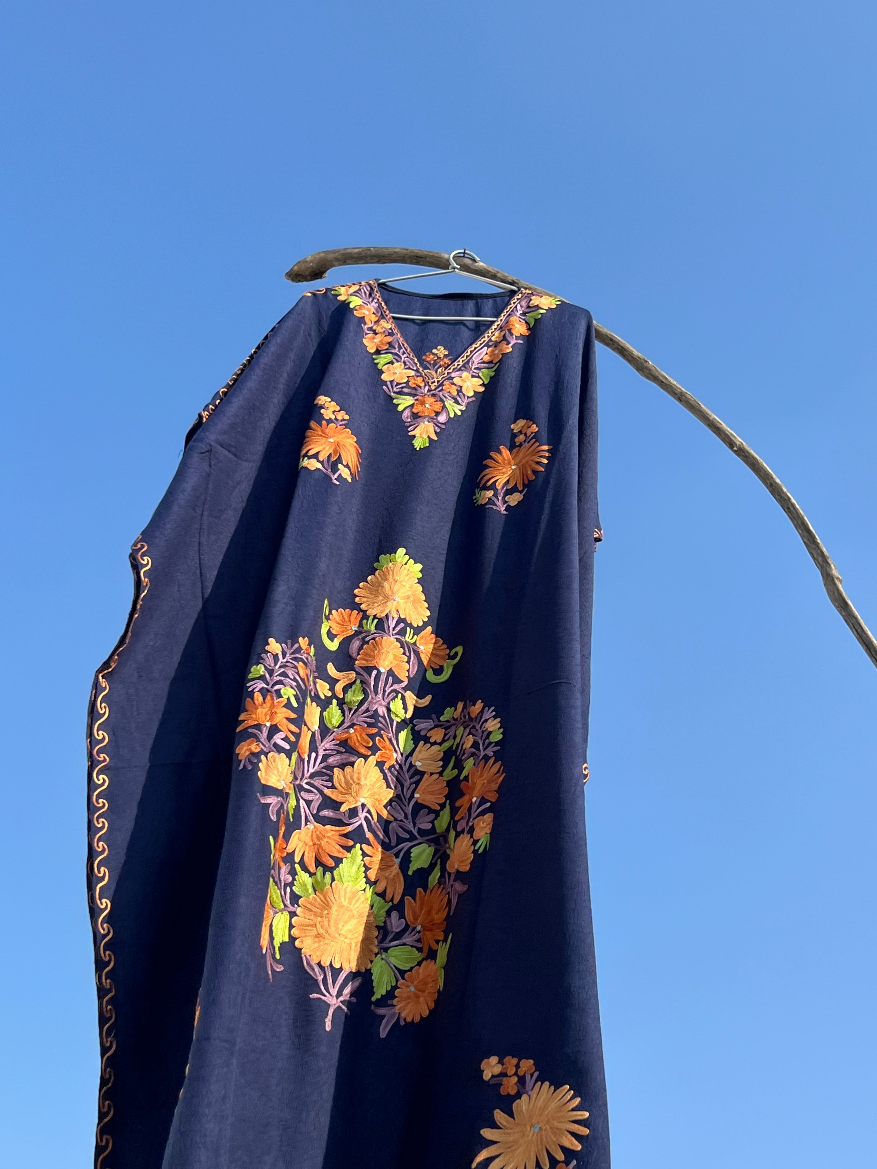 Navy Blue Kashmiri Embroidered Summer Kaftan - Long