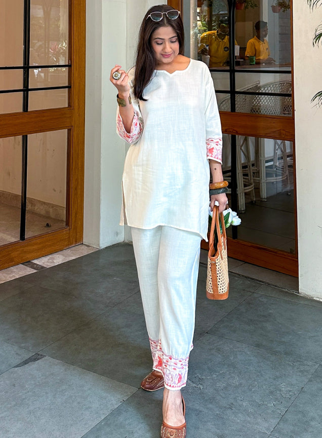 Brunch Breeze White Kashmiri Cotton Kurta Pants Coord Set